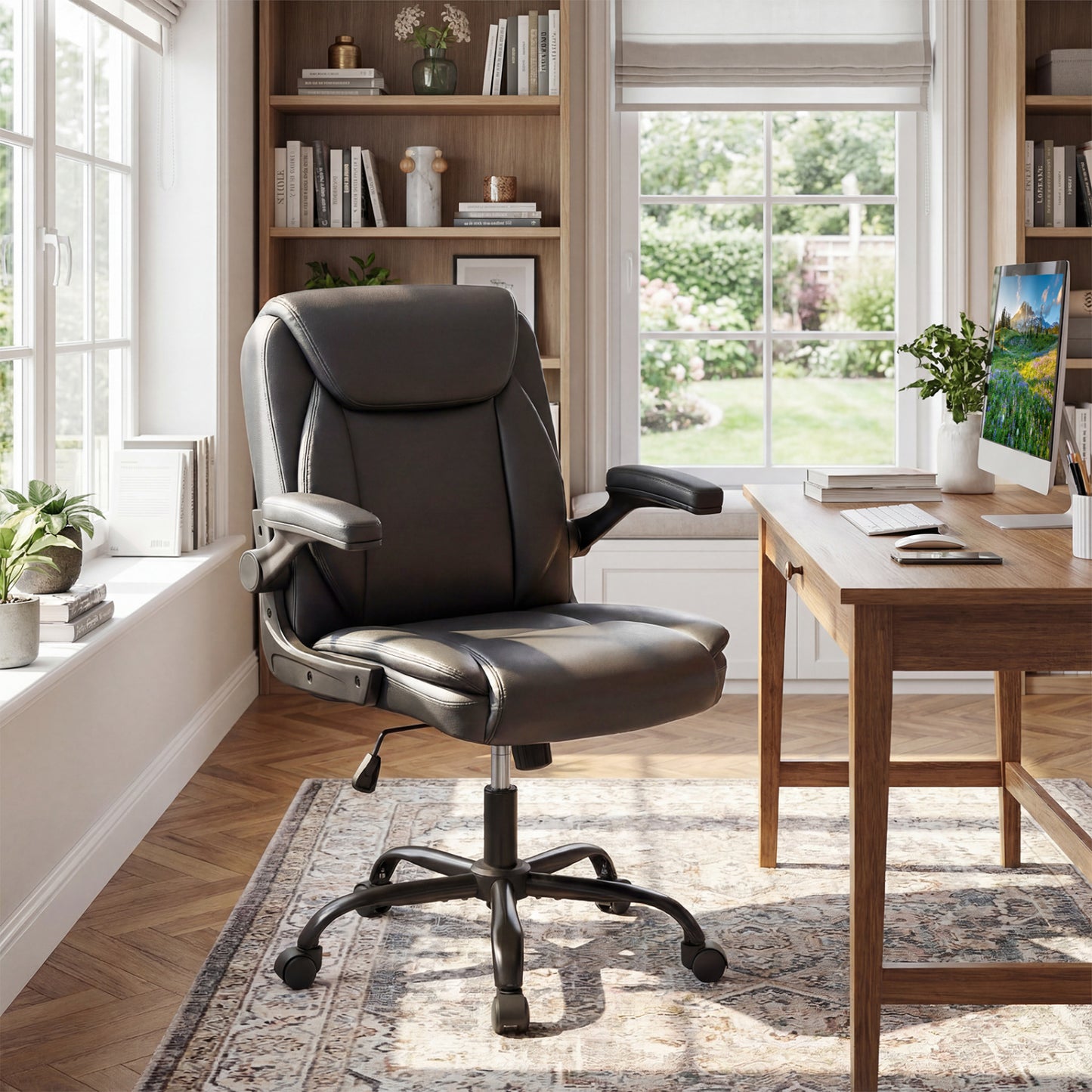 Ergonomic Leather Office Chair, Flip-Up Armrests, Rocking, Black Ergonomic Chairs at Gallery Canada