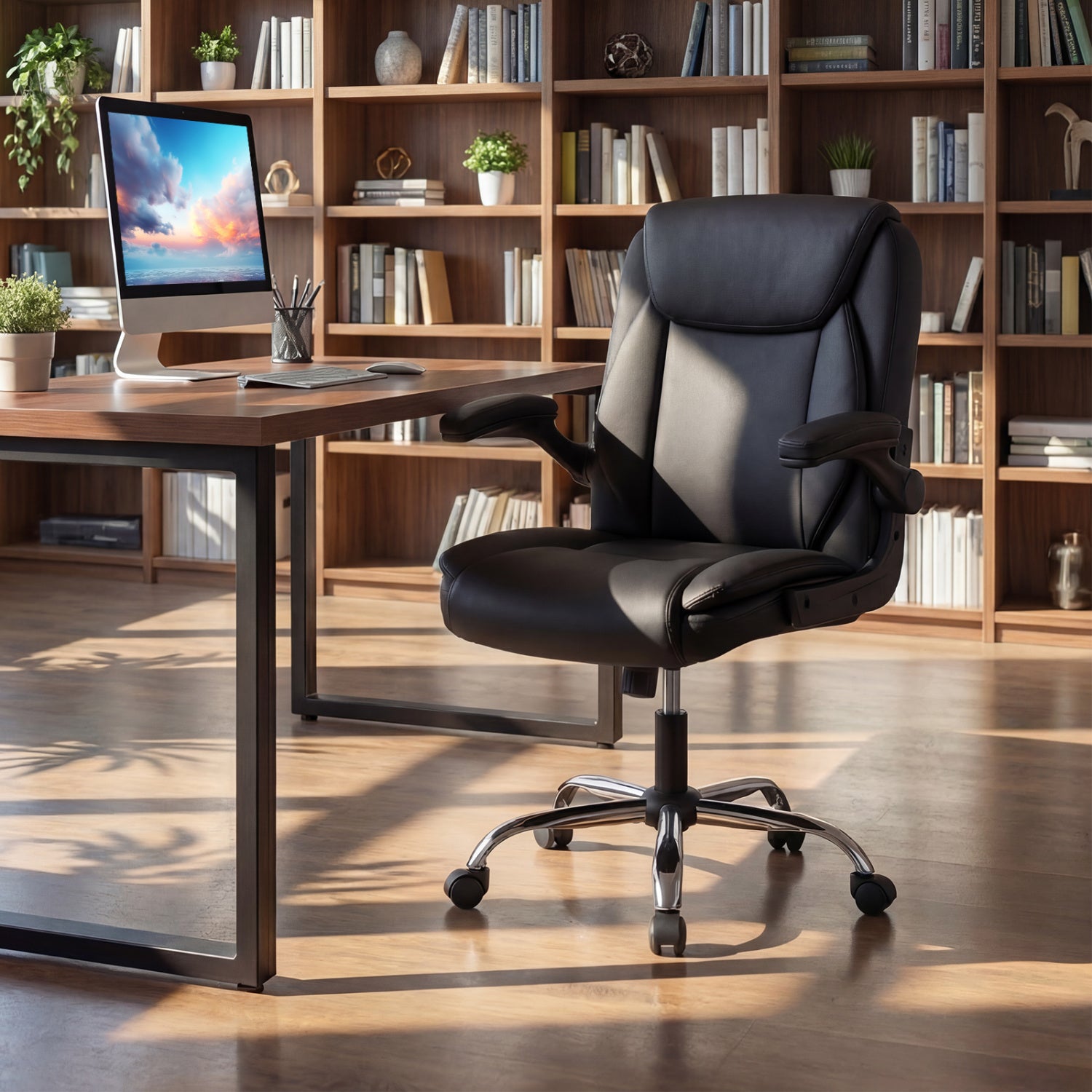 Ergonomic Leather Office Chair, Flip-Up Armrests, Rocking, Black Ergonomic Chairs at Gallery Canada