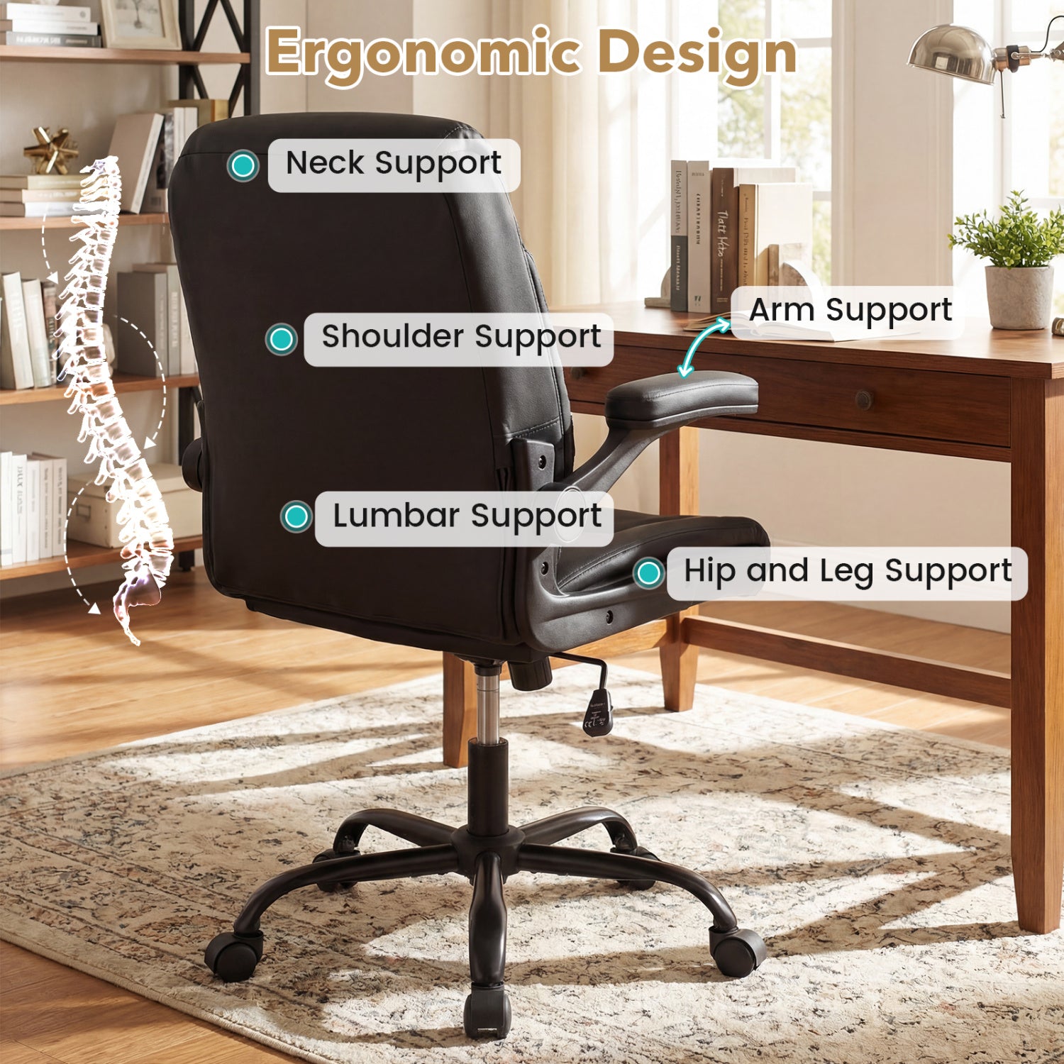 Ergonomic Leather Office Chair, Flip-Up Armrests, Rocking, Black Ergonomic Chairs at Gallery Canada