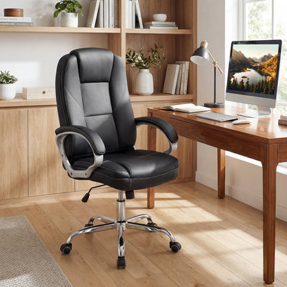 Chaise de bureau en cuir ergonomique, accoudoirs rembourrés, dossier basculant, noir