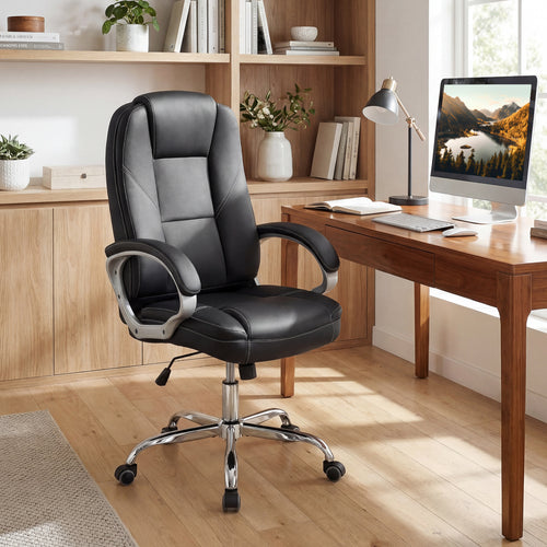 Ergonomic Leather Office Chair, Padded Armrests, Rocking Backrest, Black