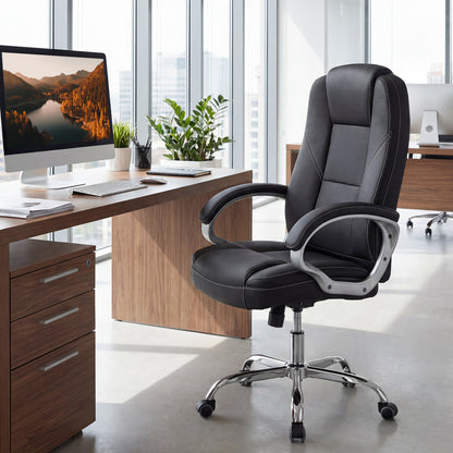 Chaise de bureau en cuir ergonomique, accoudoirs rembourrés, dossier basculant, noir