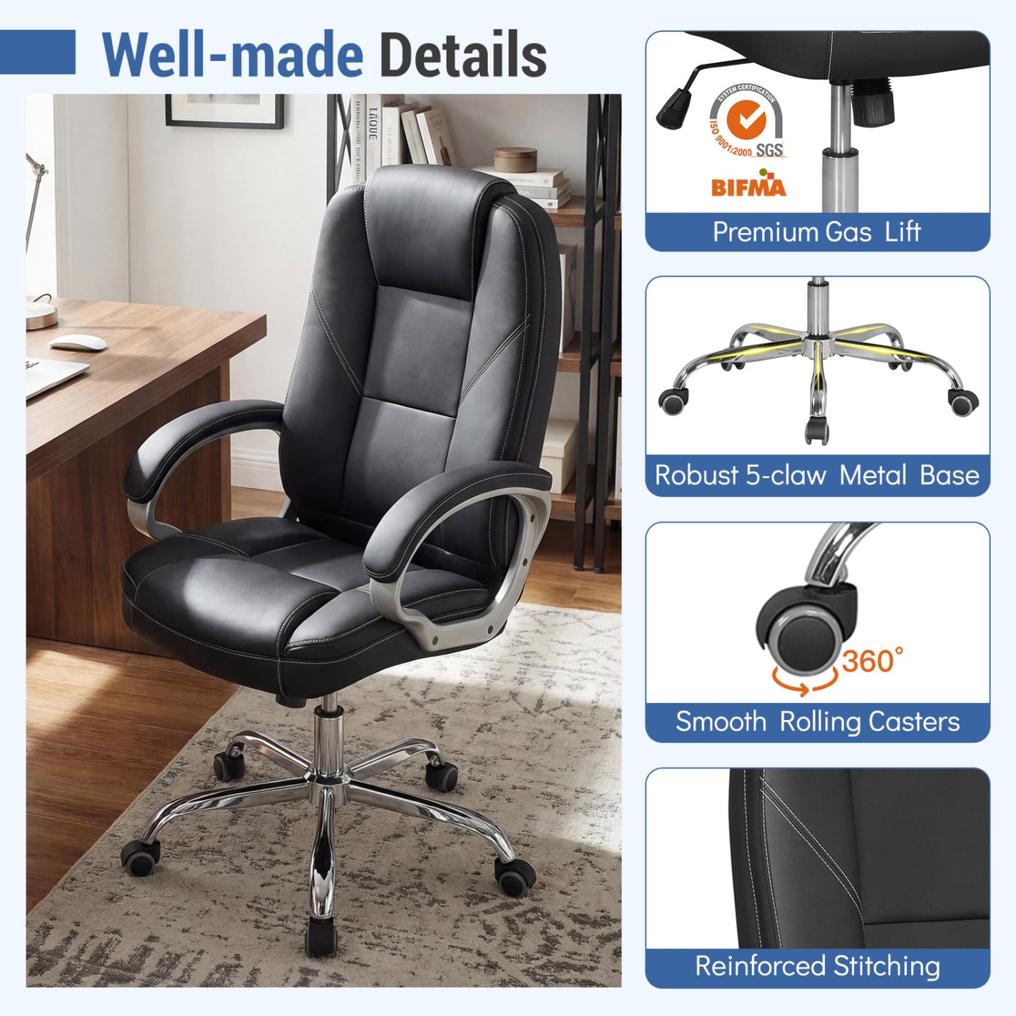 Chaise de bureau en cuir ergonomique, accoudoirs rembourrés, dossier basculant, noir