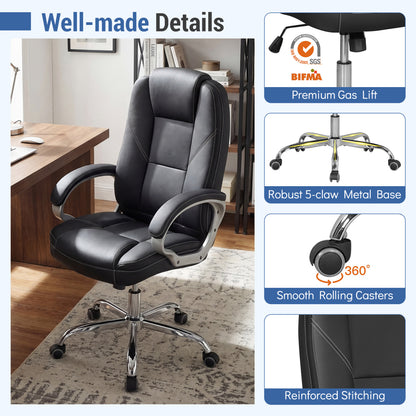 Chaise de bureau en cuir ergonomique, accoudoirs rembourrés, dossier basculant, noir