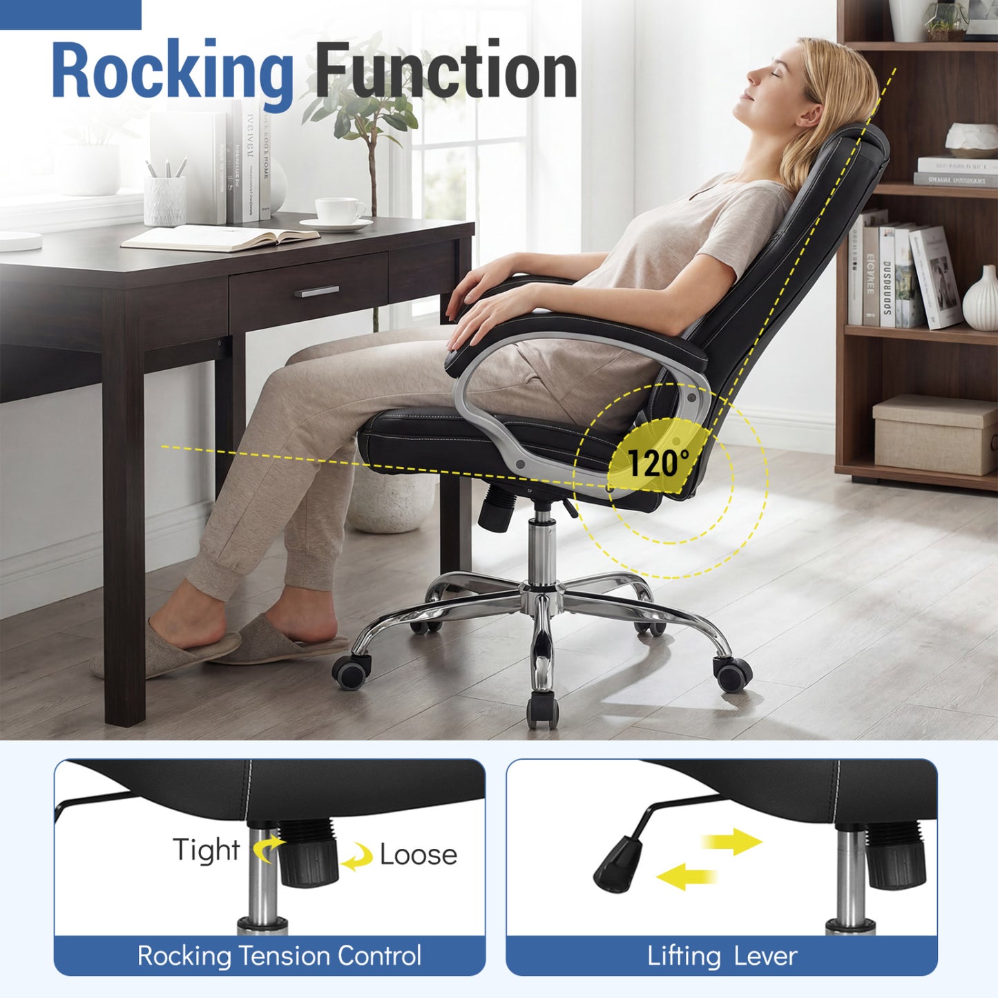 Chaise de bureau en cuir ergonomique, accoudoirs rembourrés, dossier basculant, noir