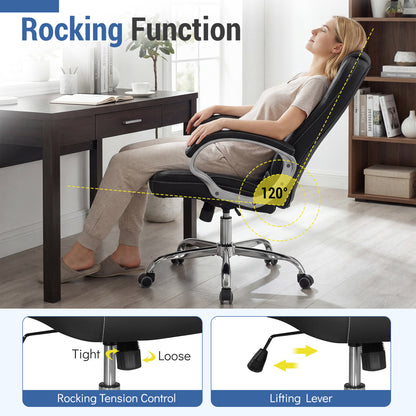 Chaise de bureau en cuir ergonomique, accoudoirs rembourrés, dossier basculant, noir