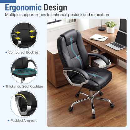 Chaise de bureau en cuir ergonomique, accoudoirs rembourrés, dossier basculant, noir