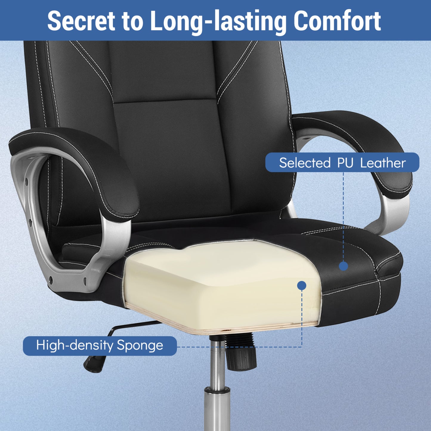 Chaise de bureau en cuir ergonomique, accoudoirs rembourrés, dossier basculant, noir