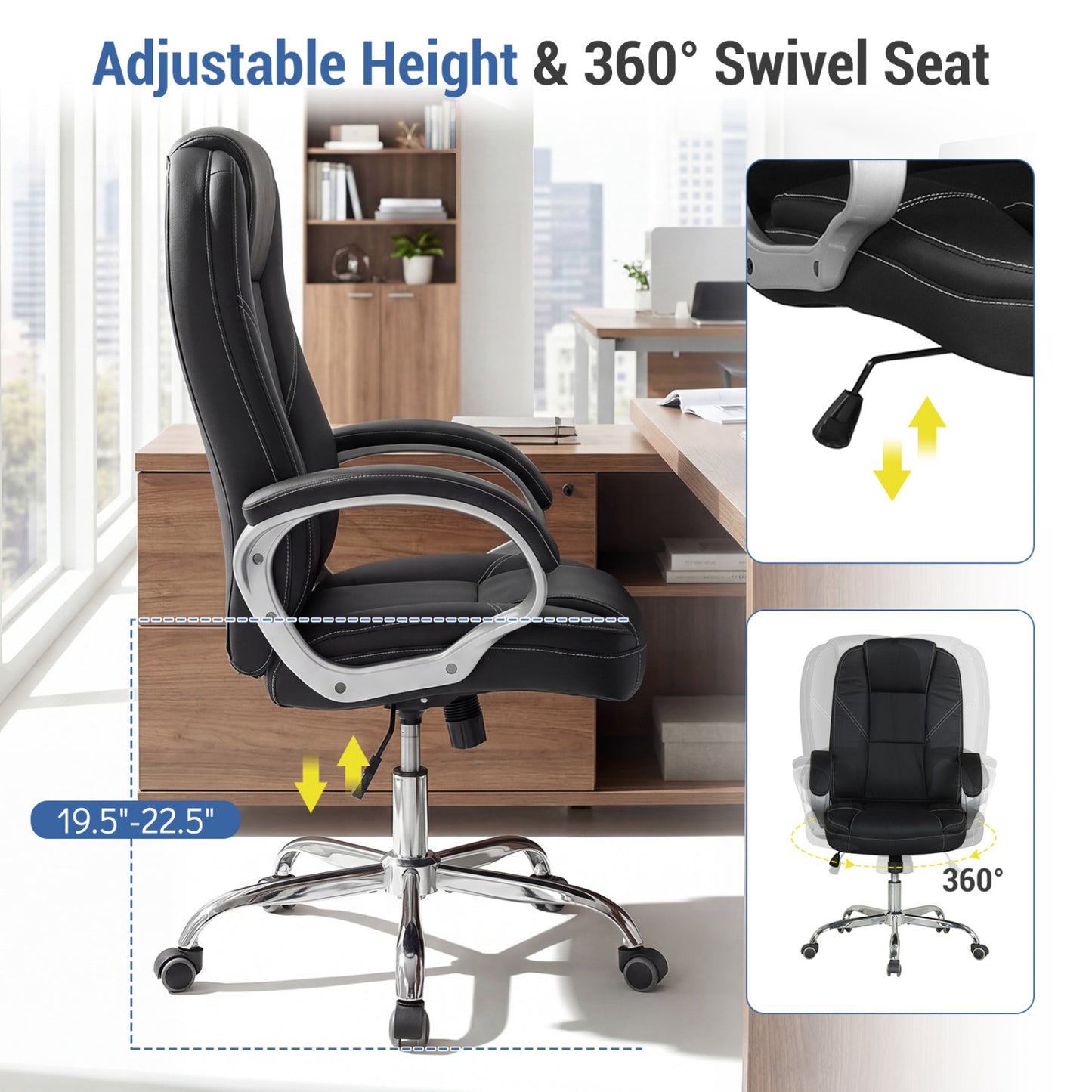 Chaise de bureau en cuir ergonomique, accoudoirs rembourrés, dossier basculant, noir