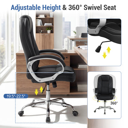 Chaise de bureau en cuir ergonomique, accoudoirs rembourrés, dossier basculant, noir