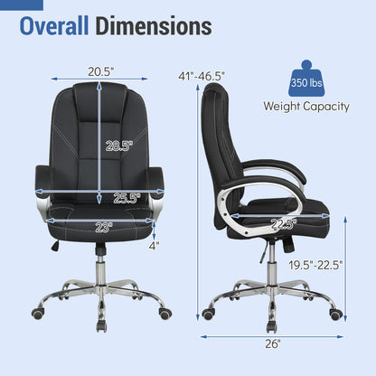 Chaise de bureau en cuir ergonomique, accoudoirs rembourrés, dossier basculant, noir