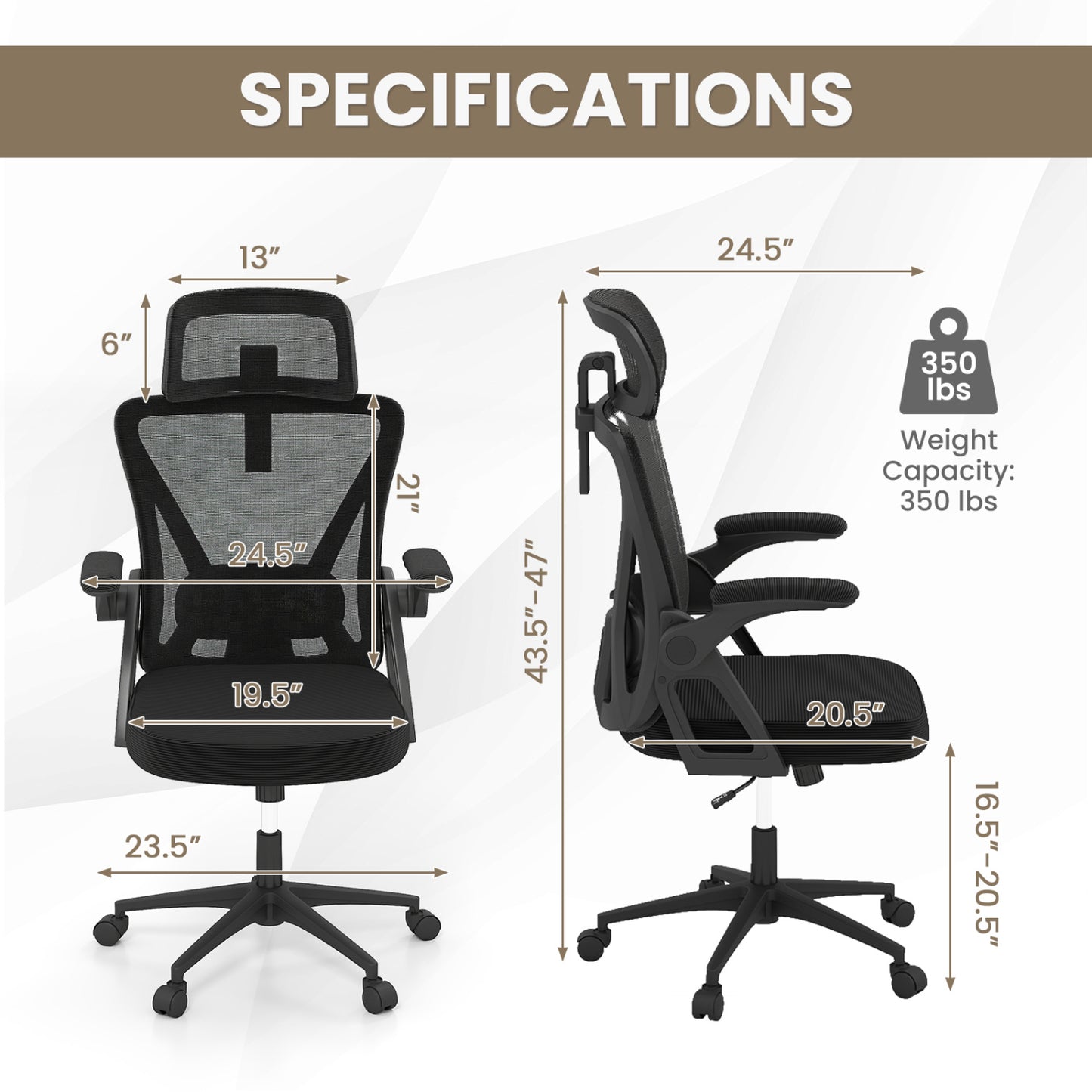 Ergonomic Mesh Office Chair, Adjustable Lumbar Support, Flip-Up Armrests, Black