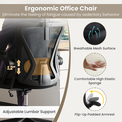 Ergonomic Mesh Office Chair, Adjustable Lumbar Support, Flip-Up Armrests, Black