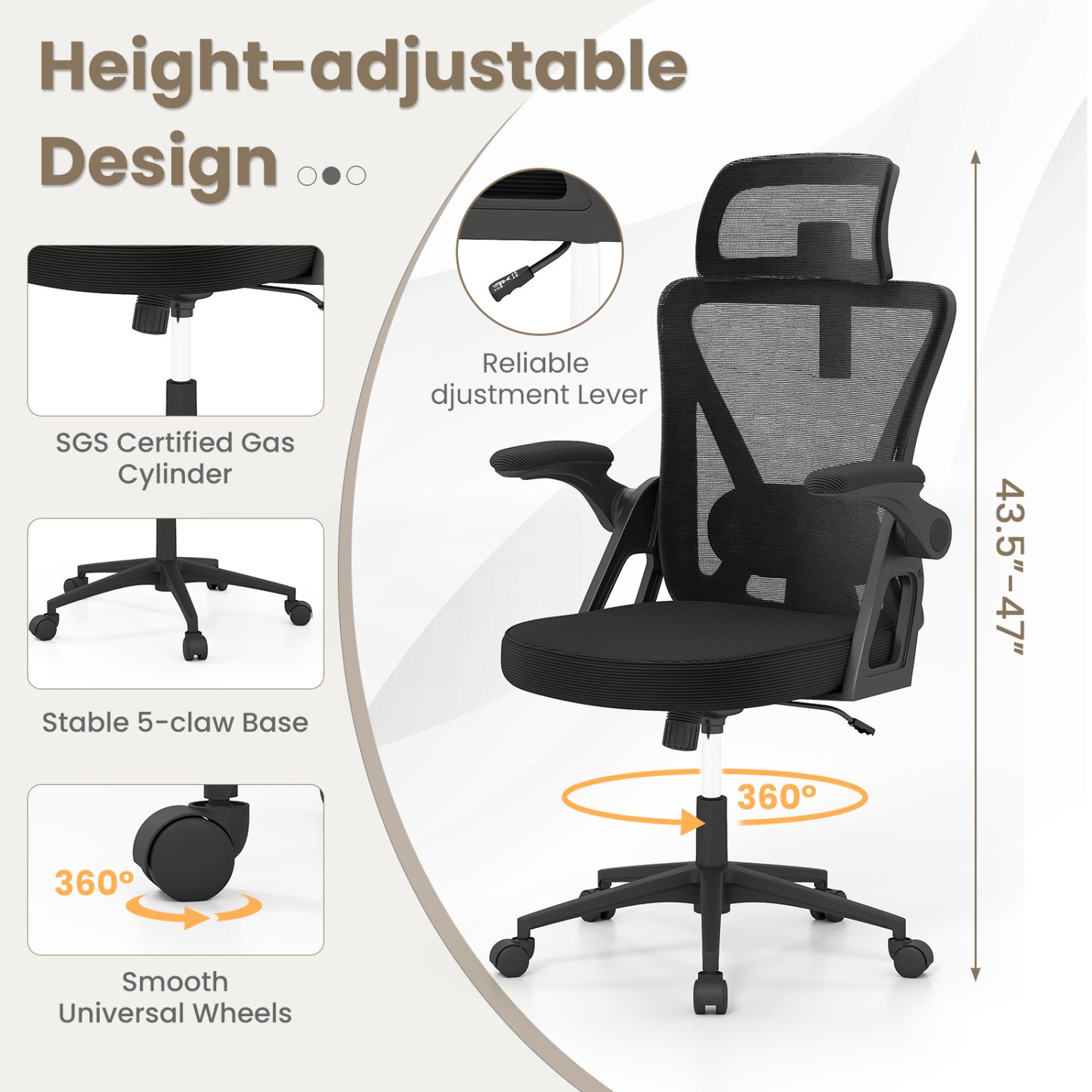 Ergonomic Mesh Office Chair, Adjustable Lumbar Support, Flip-Up Armrests, Black