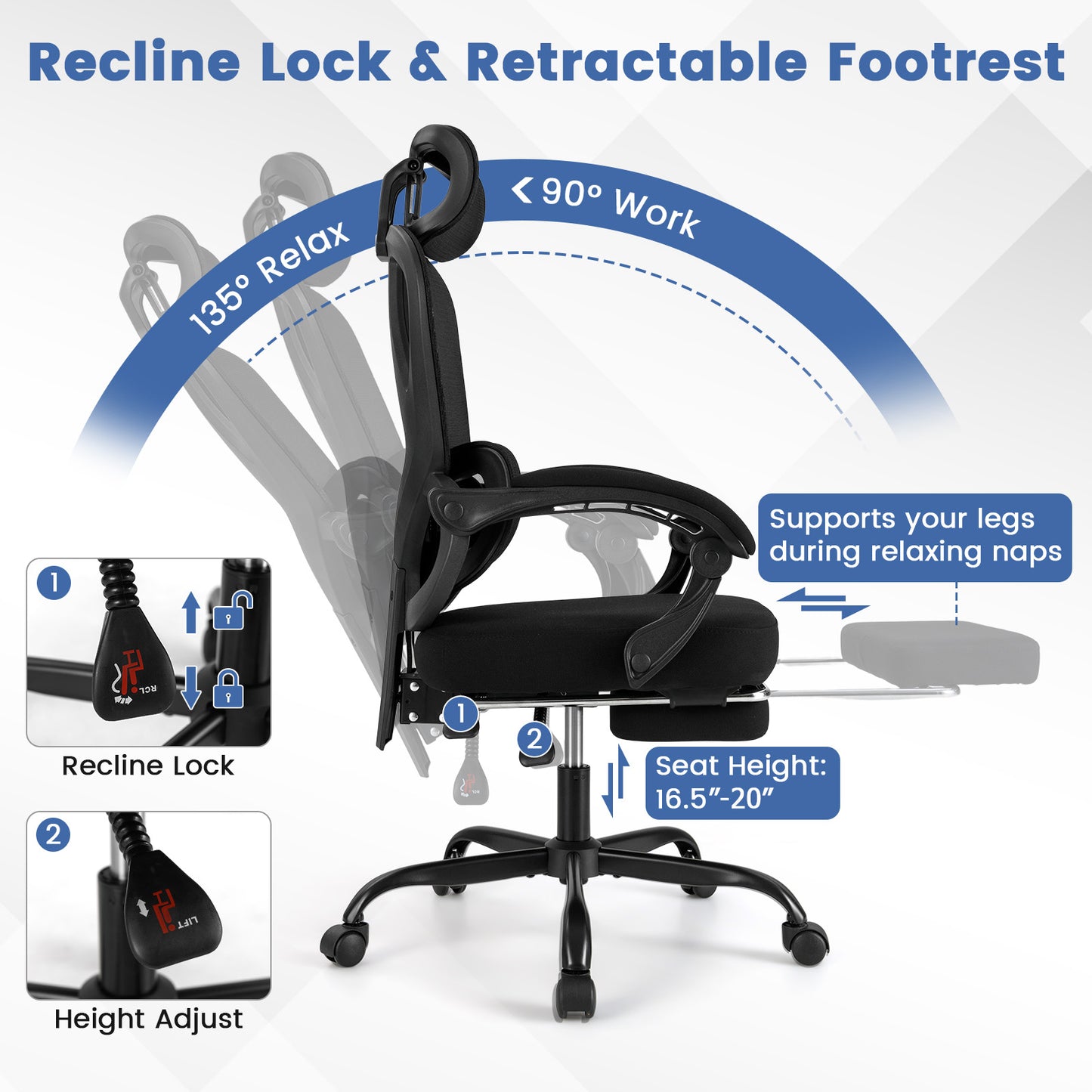 Ergonomic Office Chair High Back Mesh Desk Chair with Retractable Footrest, Black Ergonomic Chairs at Gallery Canada