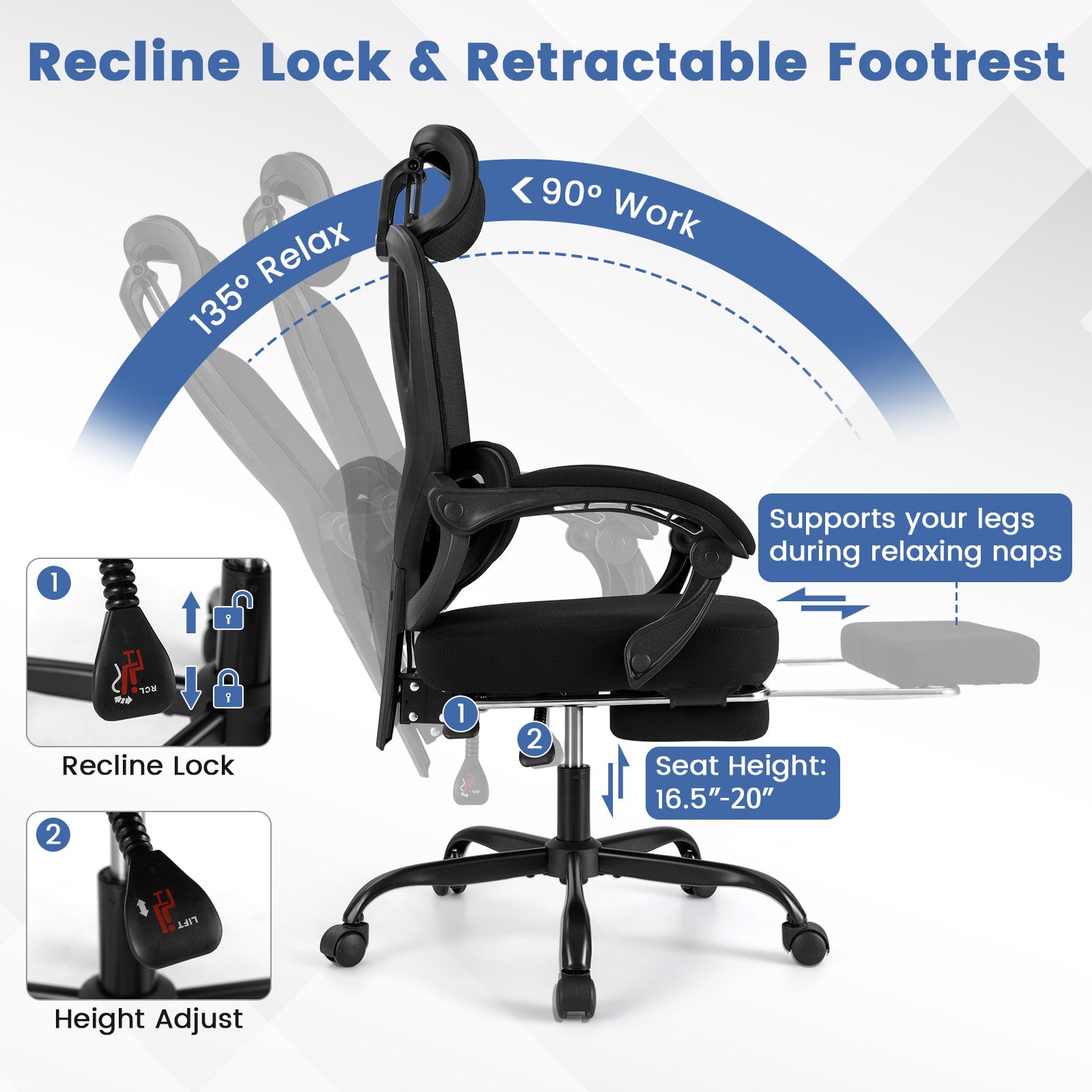 Ergonomic Office Chair High Back Mesh Desk Chair with Retractable Footrest, Black Ergonomic Chairs at Gallery Canada