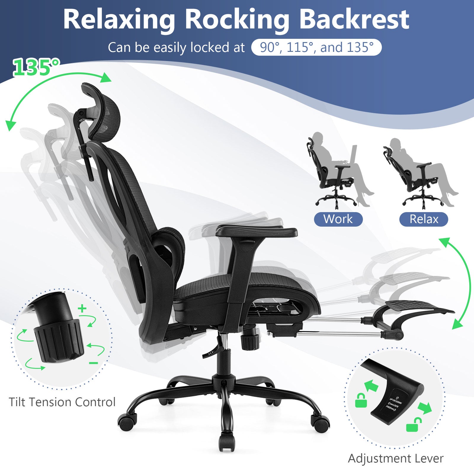Ergonomic Office Chair Swivel Computer Desk Chair with Rotating Headrest, Black Ergonomic Chairs at Gallery Canada