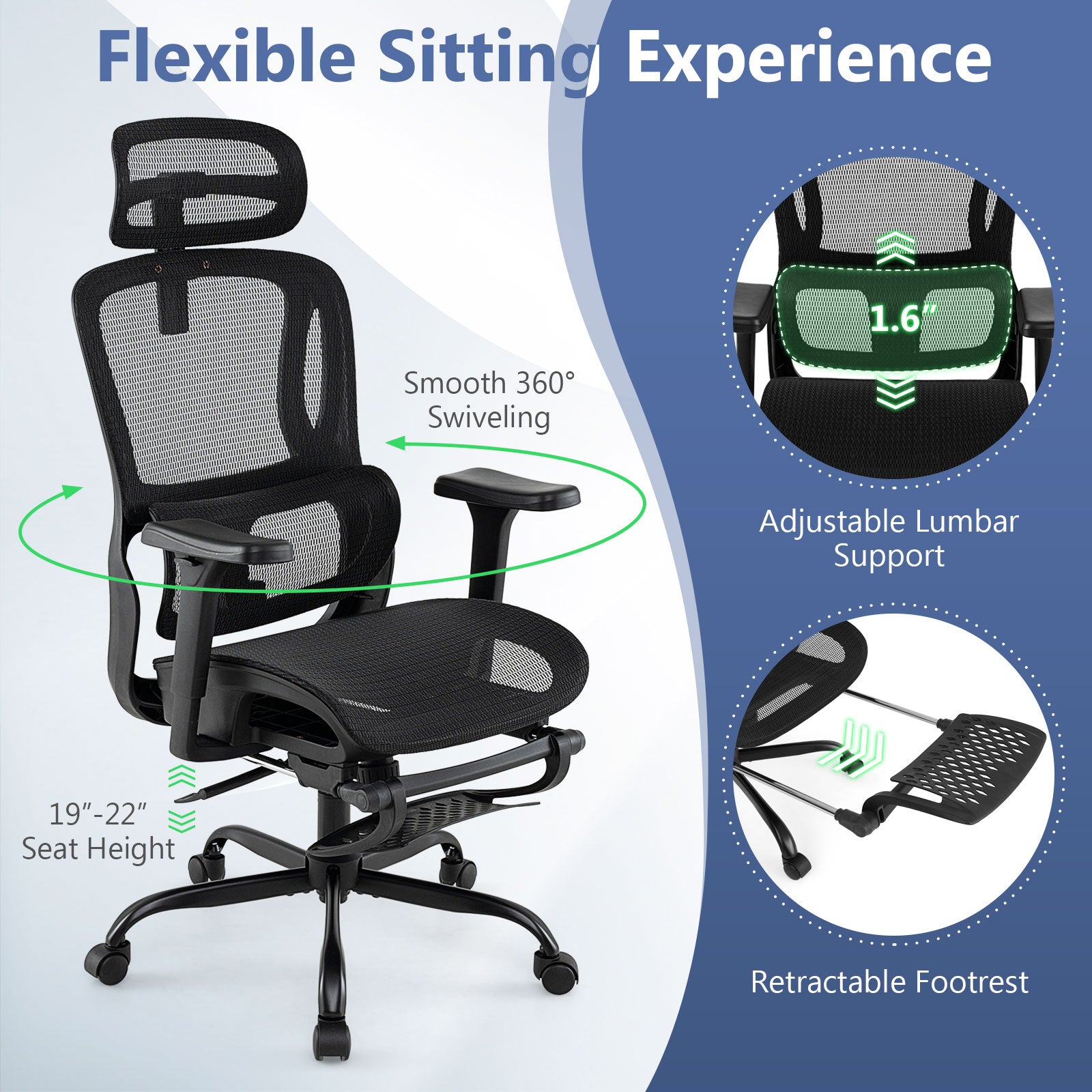 Ergonomic Office Chair Swivel Computer Desk Chair with Rotating Headrest, Black Ergonomic Chairs at Gallery Canada