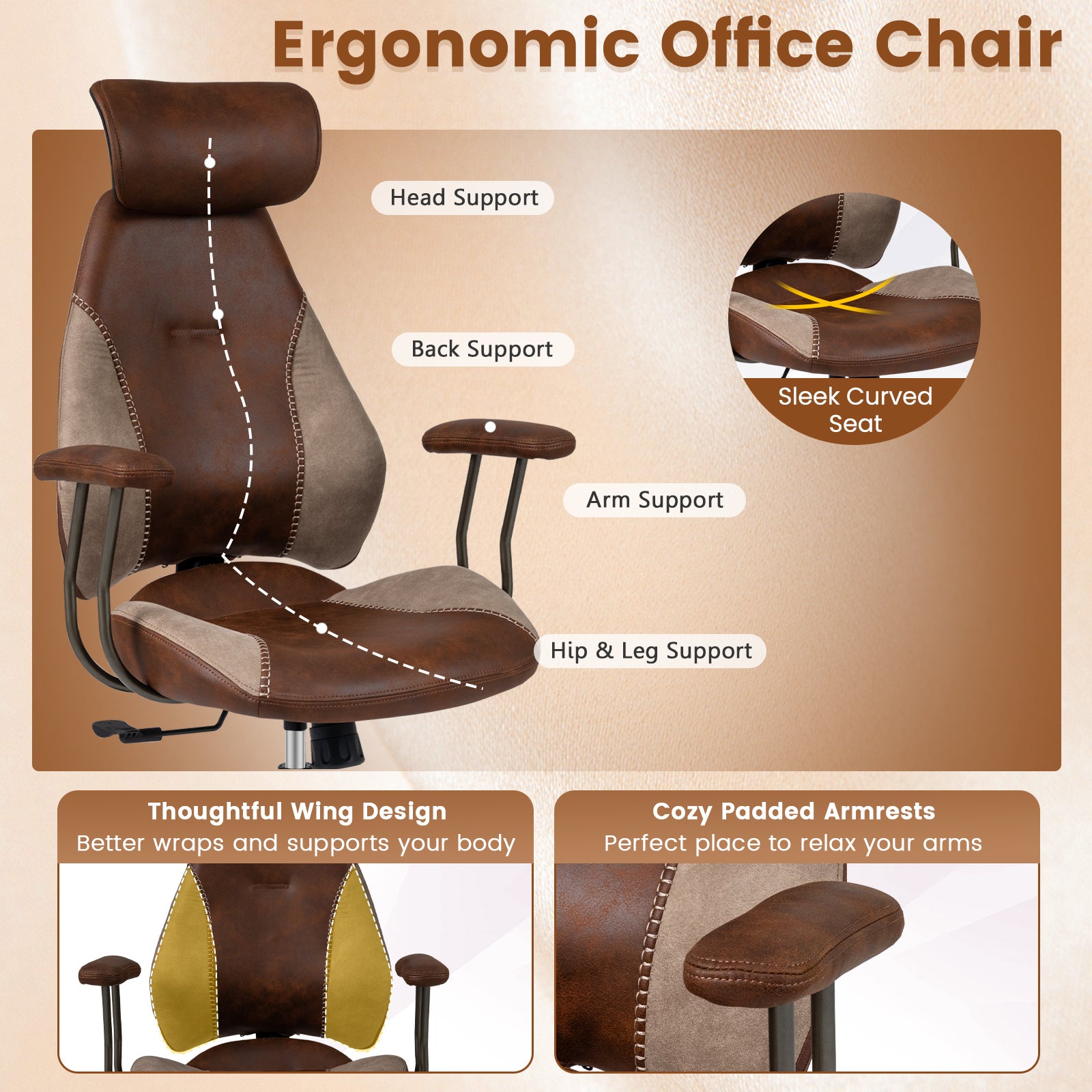 Ergonomic Office Chair Computer Desk Chair with 2D Headrest and Rocking Backrest, Brown Ergonomic Chairs at Gallery Canada