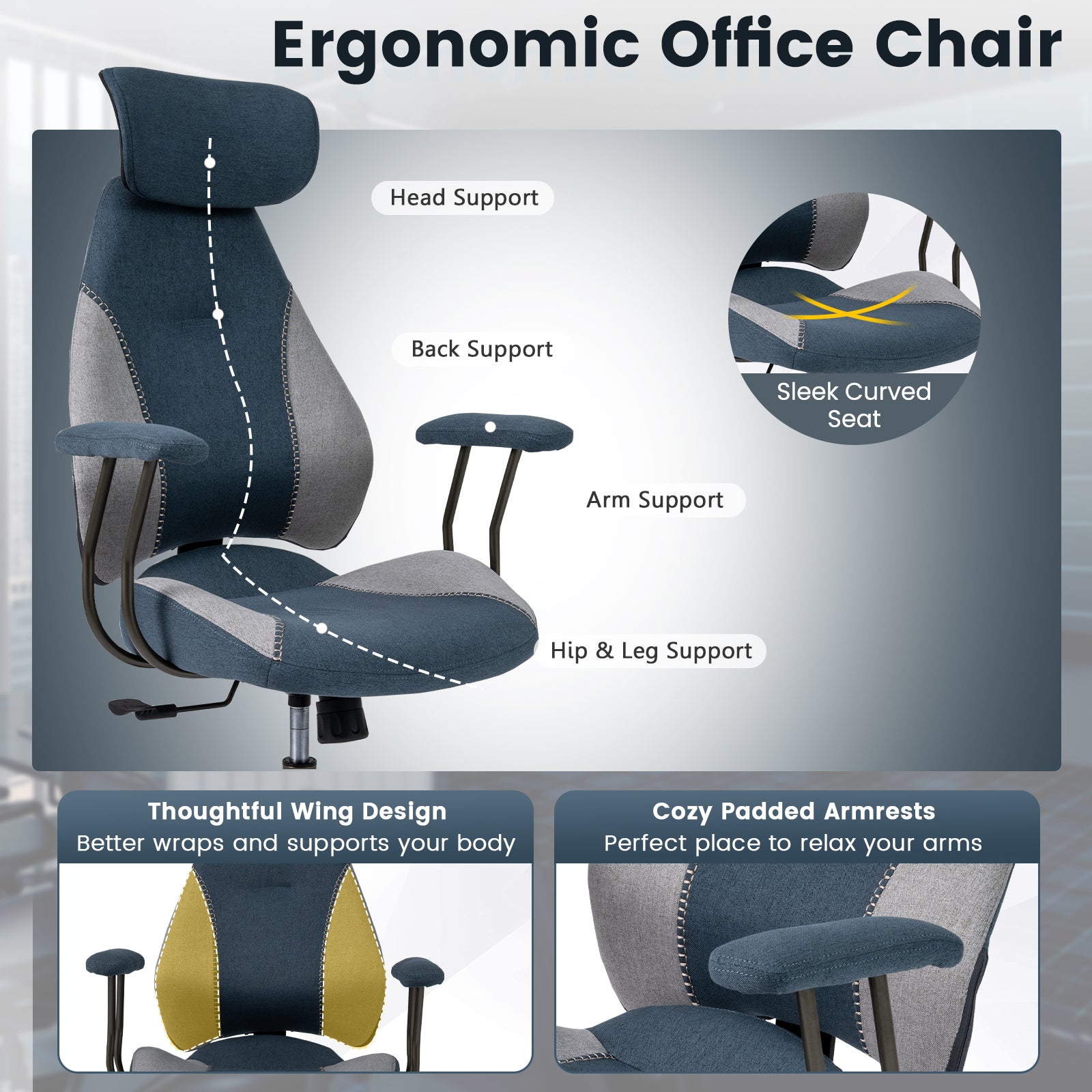 Ergonomic Office Chair Computer Desk Chair with 2D Headrest and Rocking Backrest, Gray Ergonomic Chairs at Gallery Canada