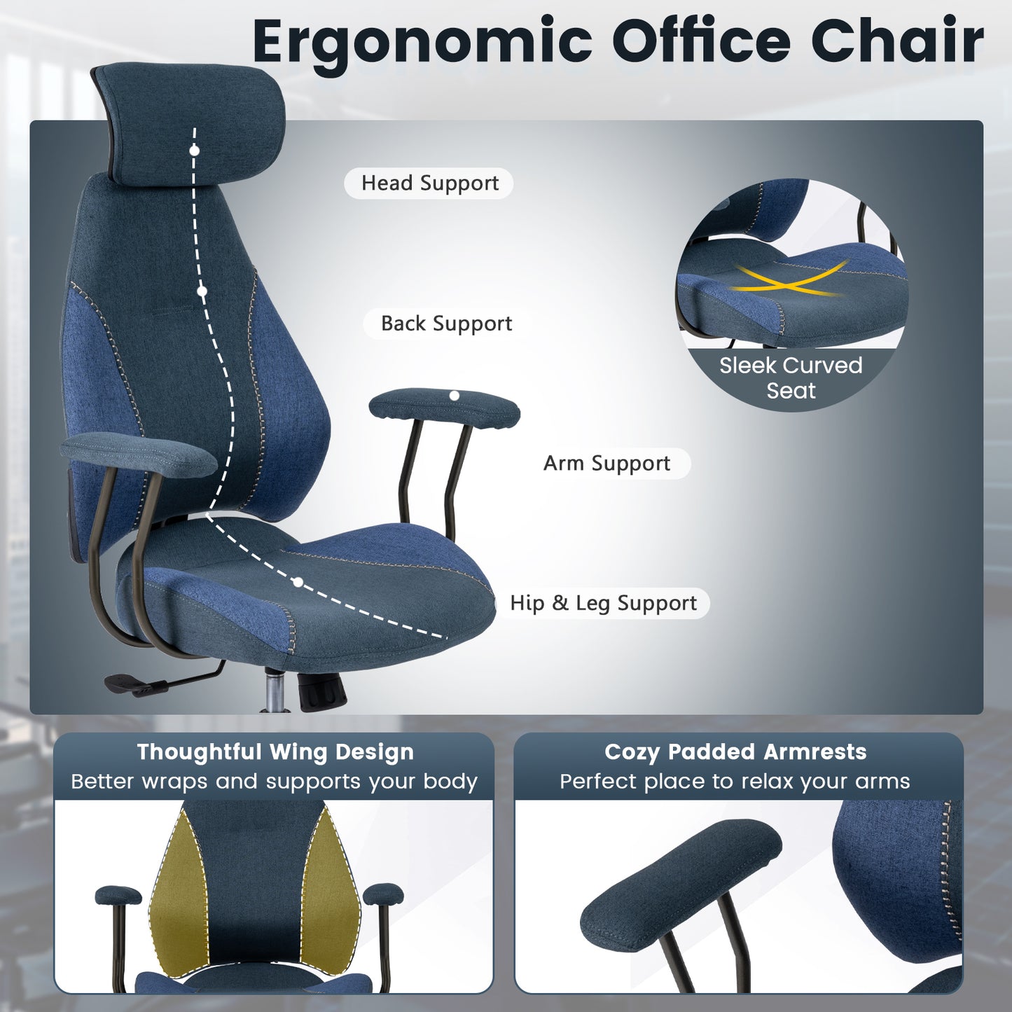 Ergonomic Office Chair Computer Desk Chair with 2D Headrest and Rocking Backrest, Navy Ergonomic Chairs at Gallery Canada