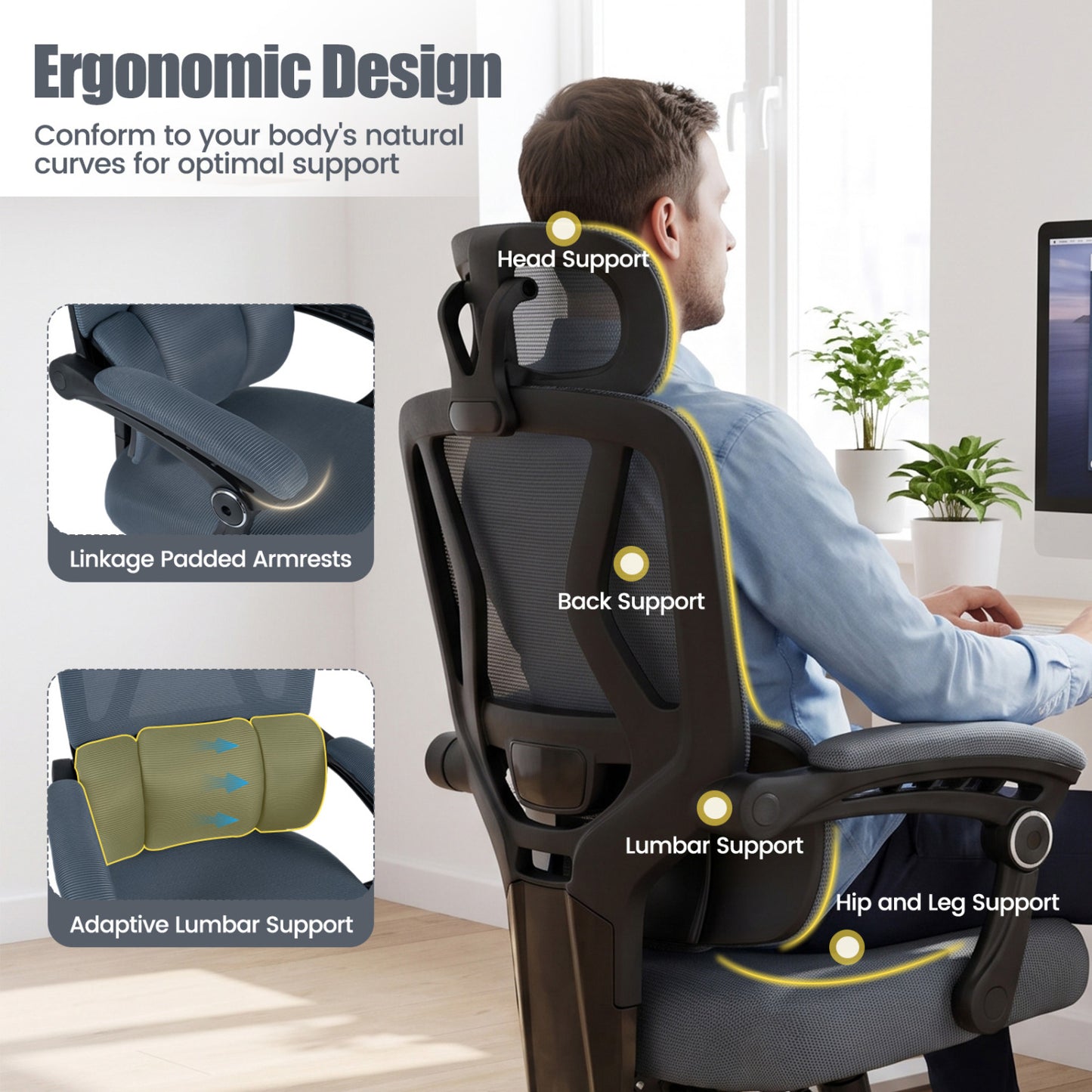 Ergonomic Mesh Office Chair, High Back Lumbar Support, Gray