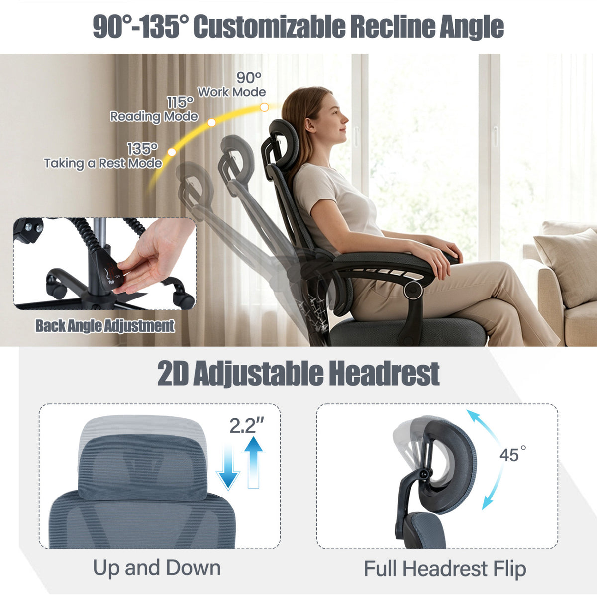 Ergonomic Mesh Office Chair, High Back Lumbar Support, Gray
