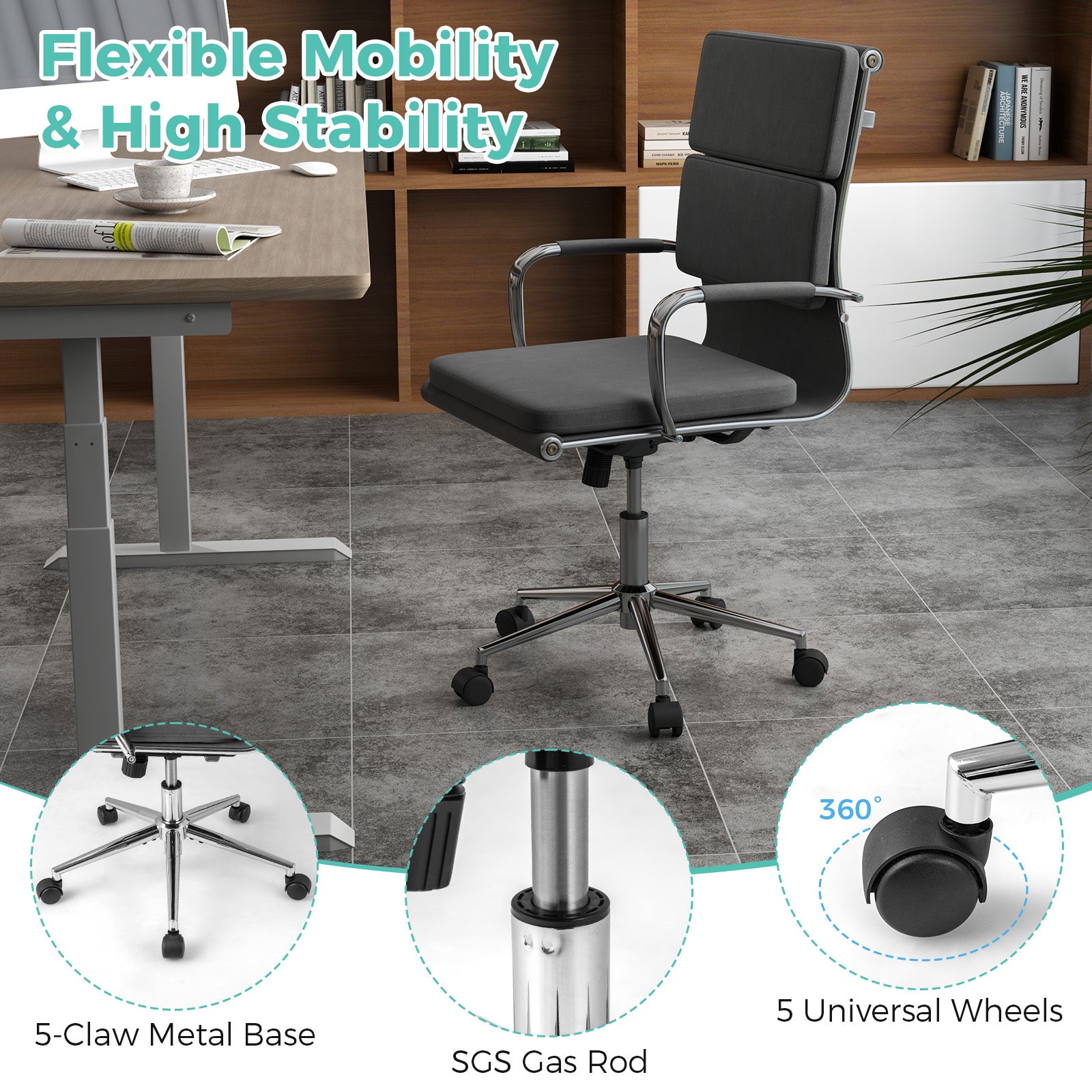 Ergonomic Office Desk Chair with Rocking Backrest and Height-adjustable Padded Seat, Gray Leisure Chairs at Gallery Canada
