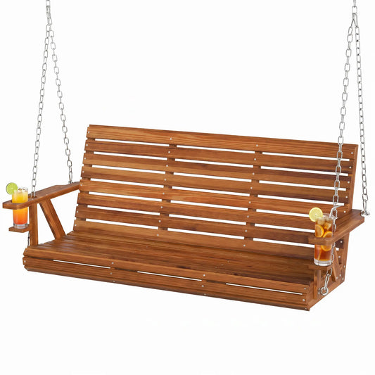 Carbonized Wooden 3-Seater Swing Bench with Cupholders Hanging Porch Swings Carbonized at Gallery Canada