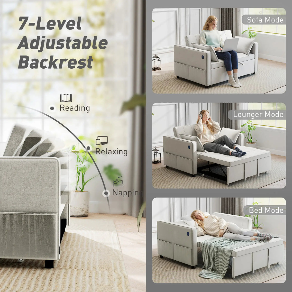 3-In-1 Convertible Sofa Bed, Pull Out Sleeper, Adjustable Backrest, Beige 2-Seater Sofas at Gallery Canada