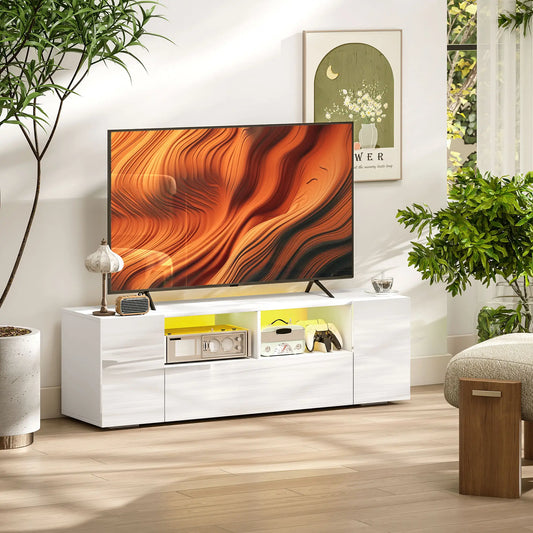 TV Stand for 60" TVs, LED Lights, Storage Shelves, 53.9" x 13.8" x 16.5", White TV Stands High Gloss White at Gallery Canada