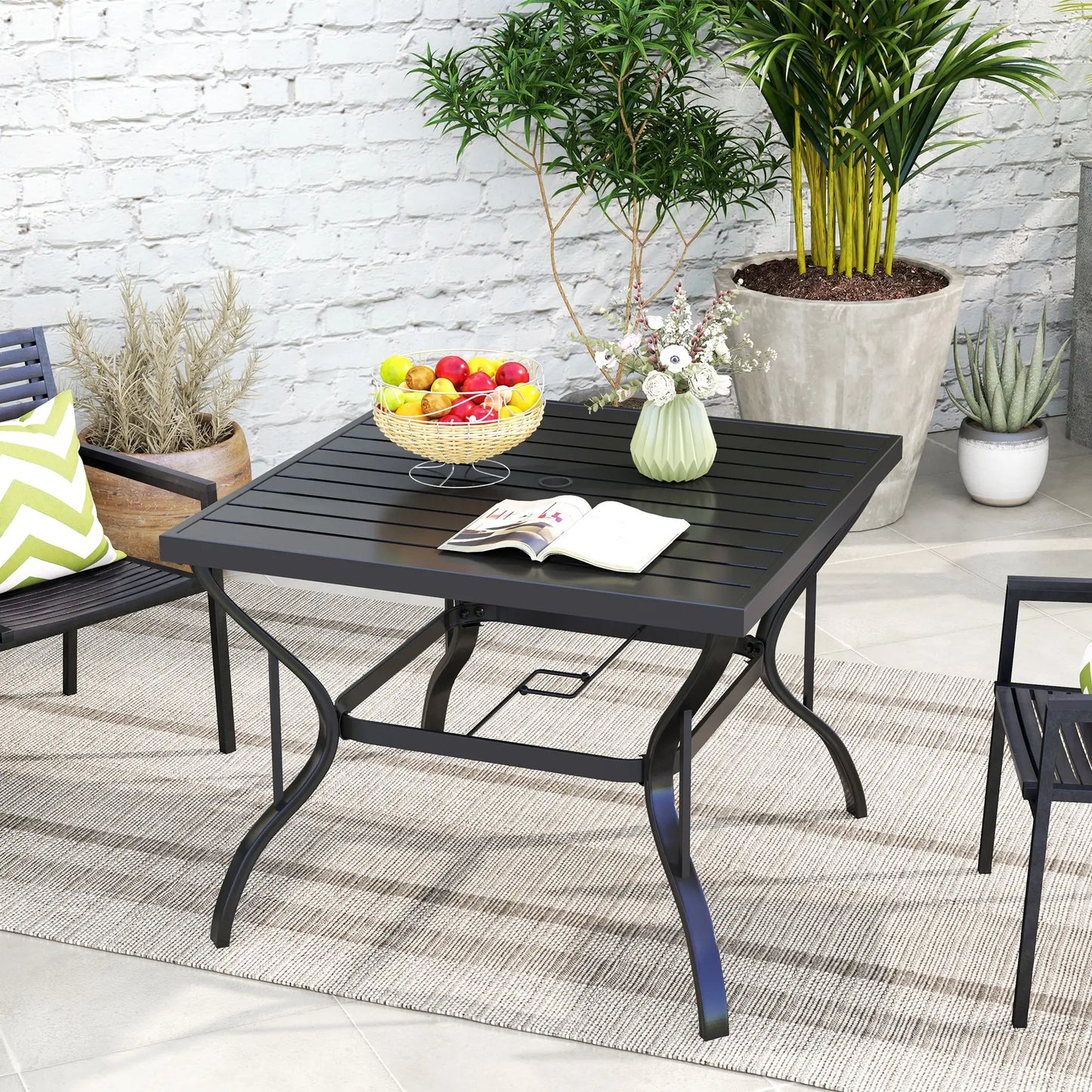 37" Square Outdoor Dining Table, Galvanized Steel, Slatted Top, Black Patio Dinning Tables at Gallery Canada