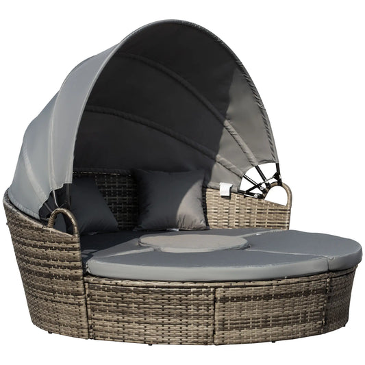 Outdoor Daybed with Canopy, PE Rattan Round Sofa, Patio Set with Cushions, Grey Daybeds Grey Rattan, Grey Cushion at Gallery Canada
