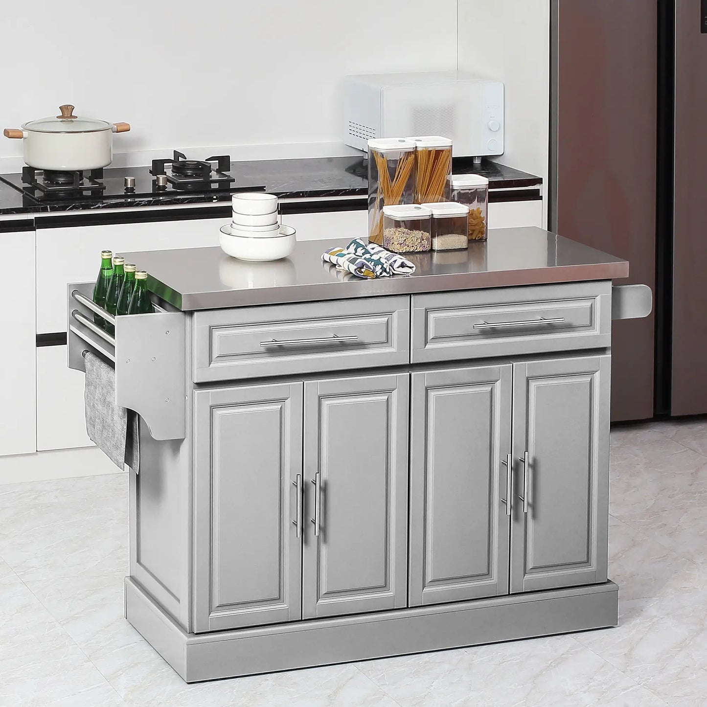 Rolling Kitchen Island with Storage and Stainless Steel Top, Kitchen Trolley with Drawers, Cabinets, Towel Rack Kitchen Islands & Kitchen Carts at Gallery Canada