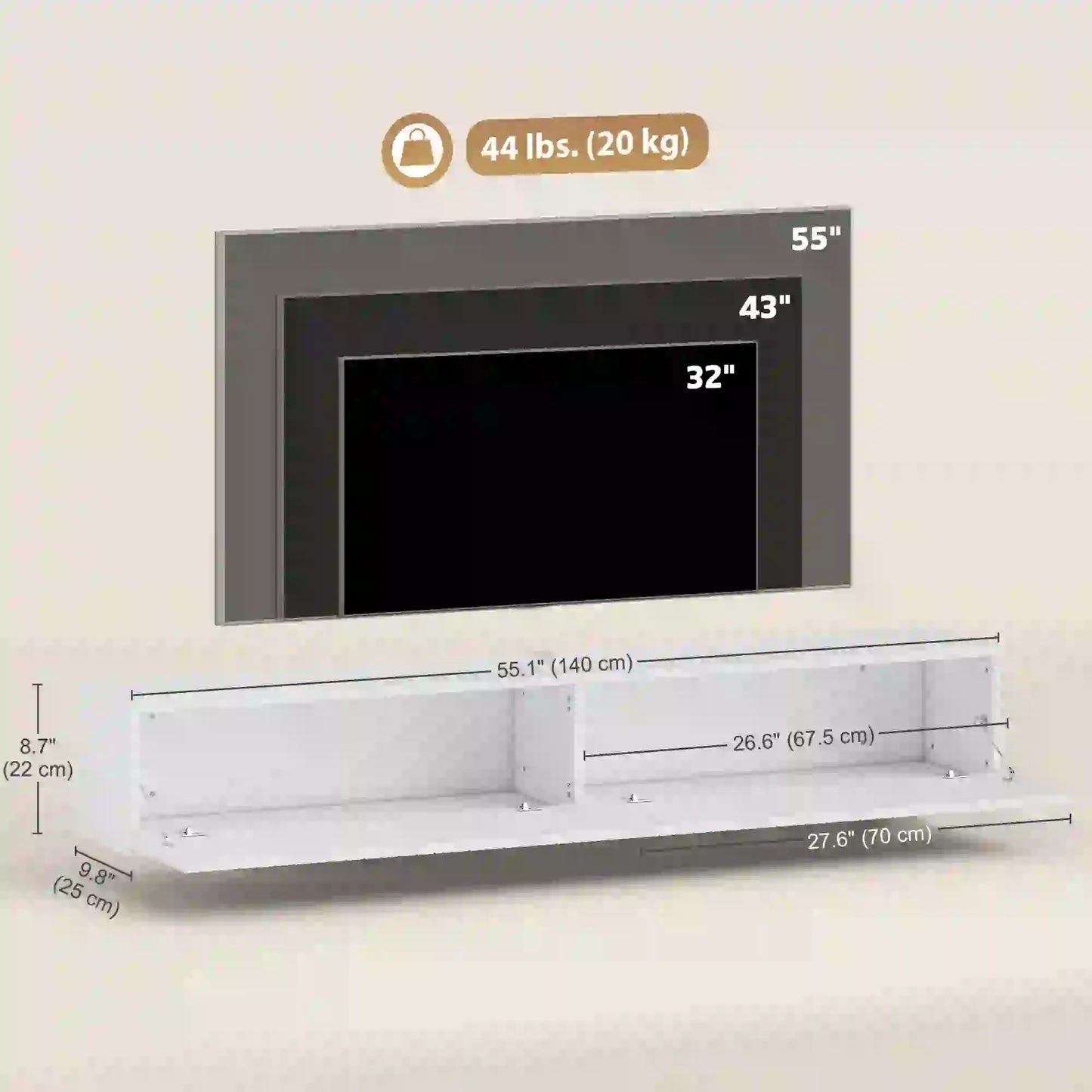 55 Inch Floating TV Stand, Wall Mount Media Console, 2 Fluted Doors, White TV Stands at Gallery Canada