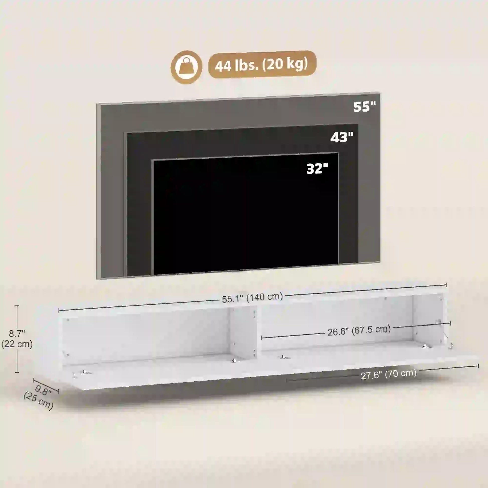 55 Inch Floating TV Stand, Wall Mount Media Console, 2 Fluted Doors, White TV Stands at Gallery Canada