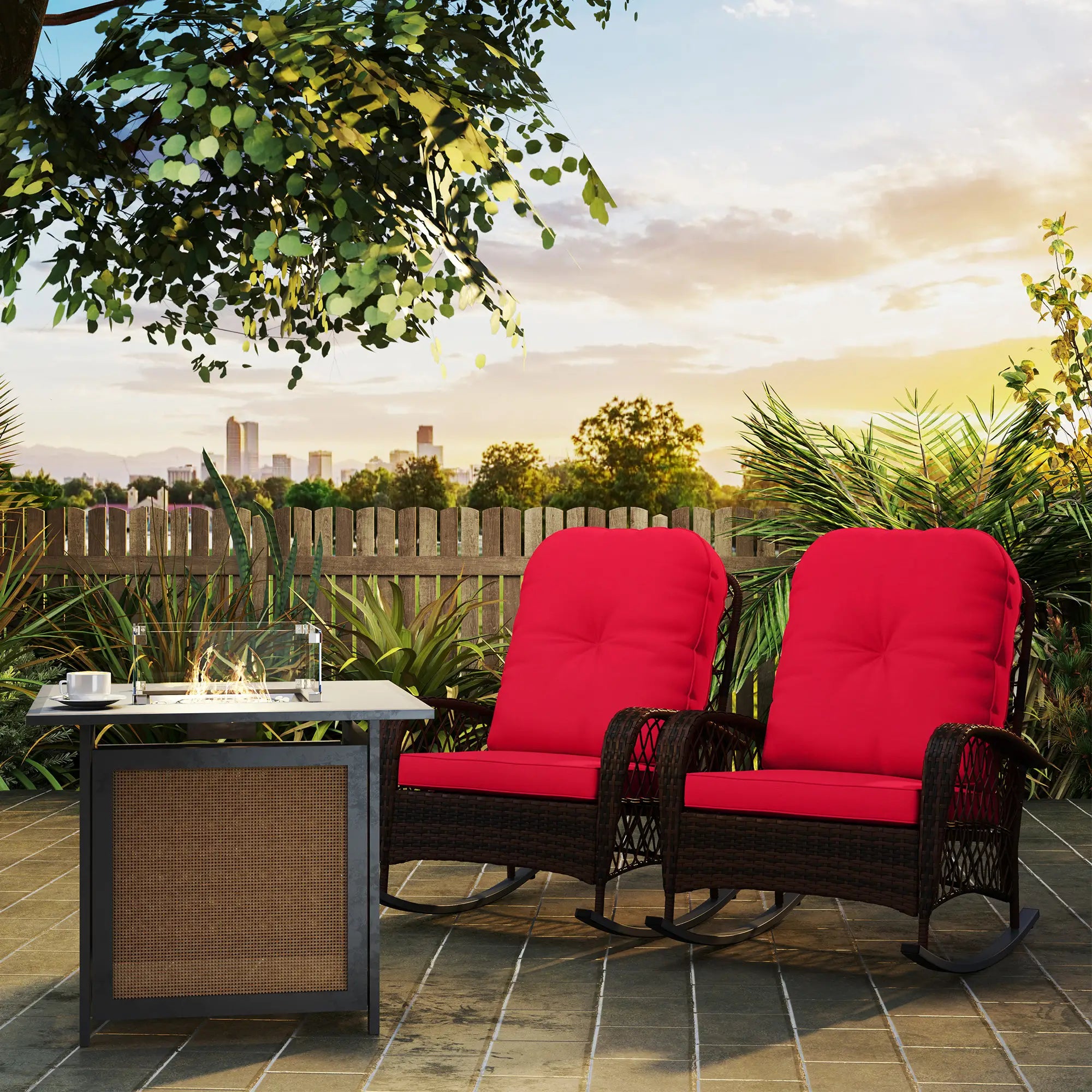 Outdoor Wicker Rattan Rocking Chair Set, Patio Rocker with Cushions, Red Outdoor Rocking Chairs at Gallery Canada