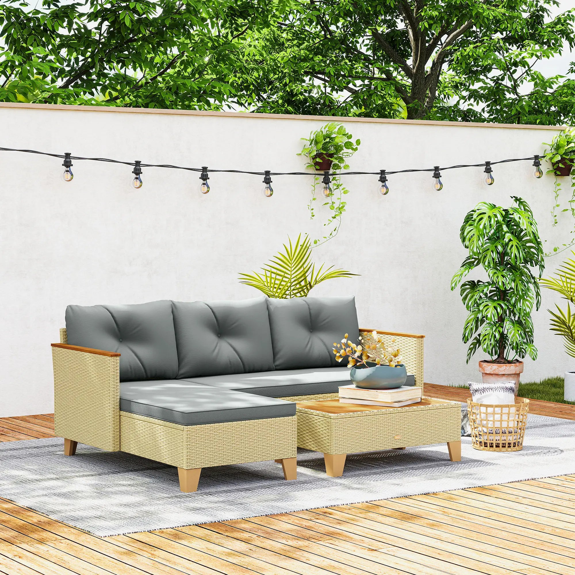 3 Piece L-Shaped Patio Set, Wood Top Coffee Table, Light Grey Patio Furniture Sets at Gallery Canada