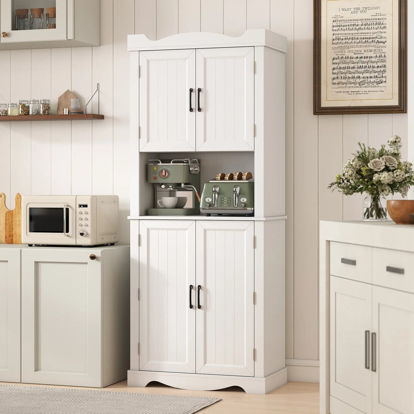 73 Inch Kitchen Pantry Cabinet, Adjustable Shelves, Microwave Stand, White Kitchen Pantry Cabinets at Gallery Canada