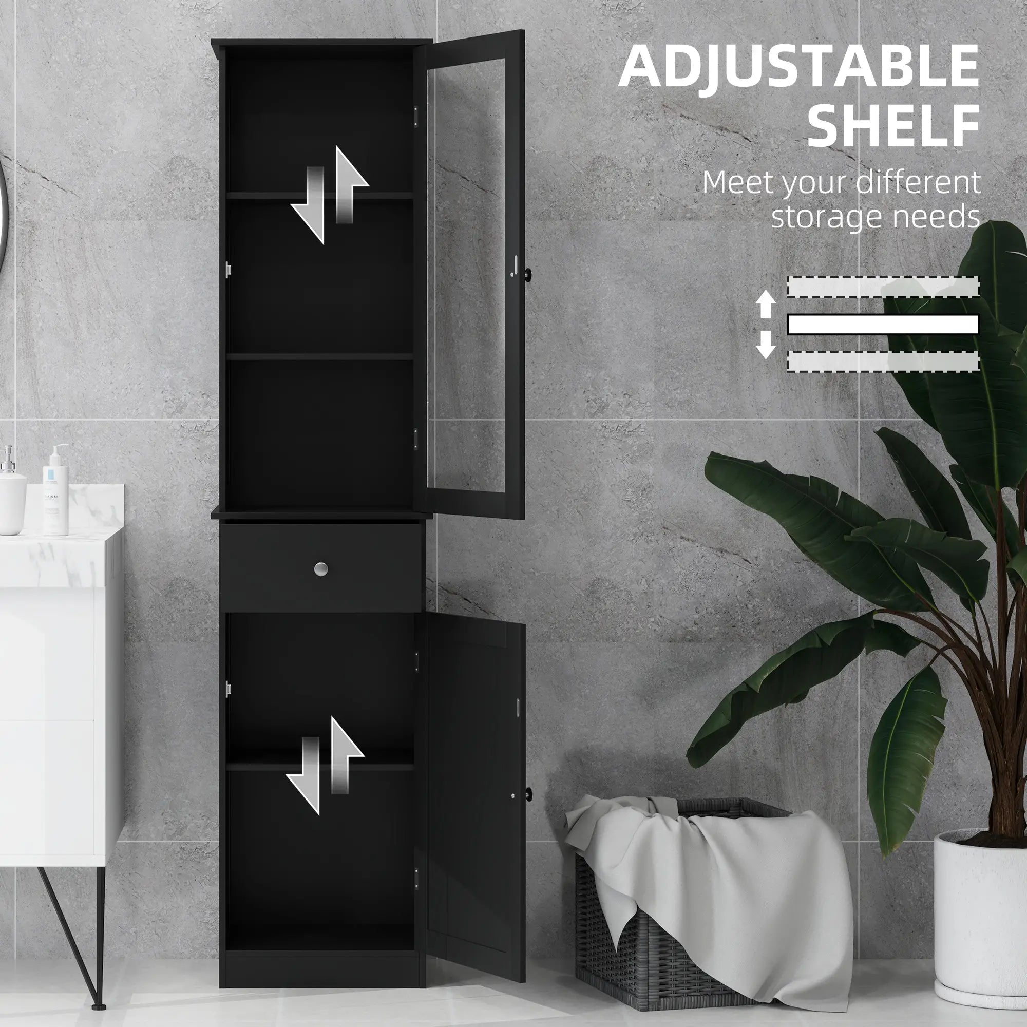 Tall Bathroom Cabinet, 2 Doors, Adjustable Shelves, Black Bathroom Cabinets at Gallery Canada