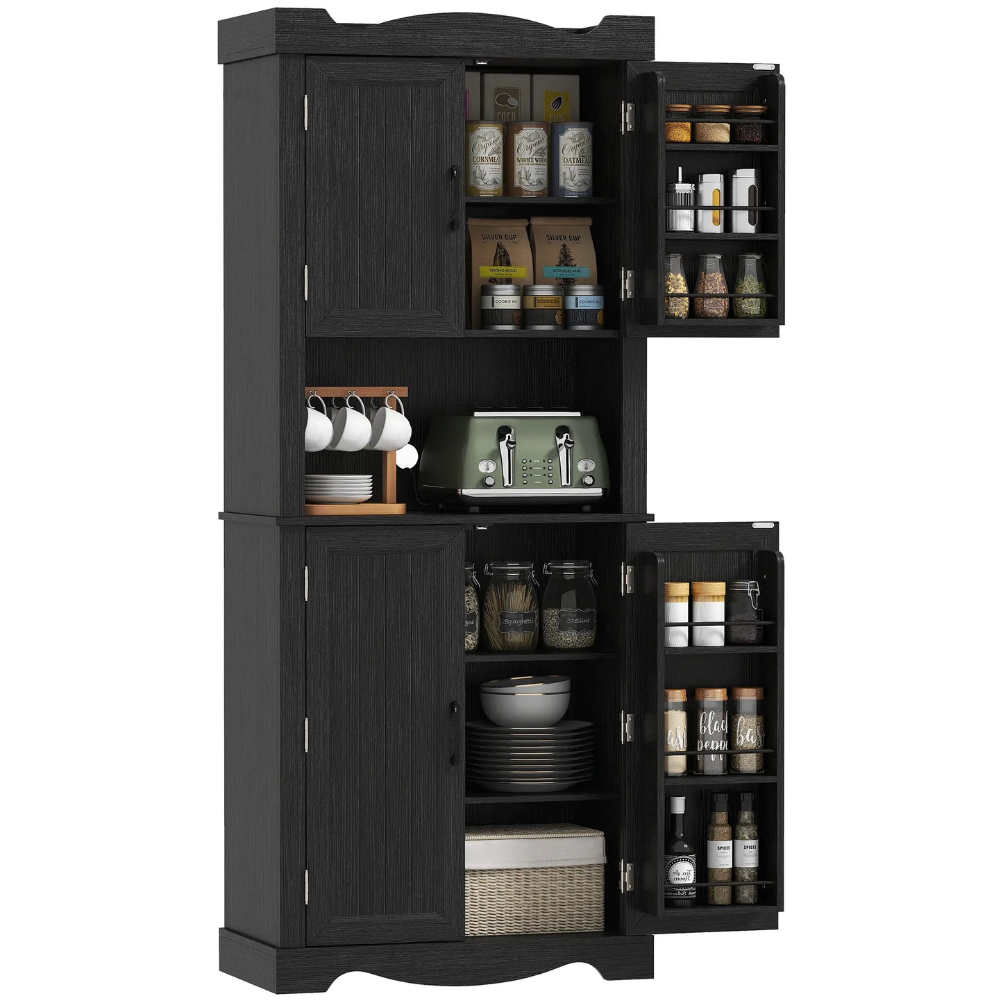 73 Inch Kitchen Pantry Cabinet, Freestanding Hutch, 12 Shelves, Black Kitchen Pantry Cabinets at Gallery Canada