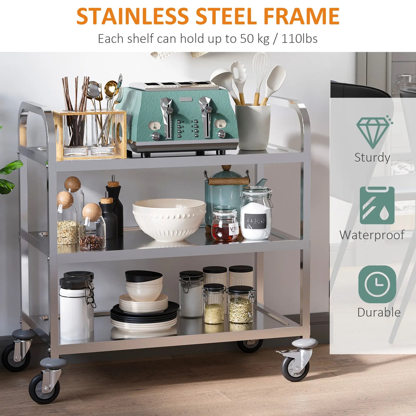 33" 3-Tier Kitchen Trolley, Stainless Steel, Wheeled Storage Cart, 330LBS Kitchen Islands & Kitchen Carts at Gallery Canada