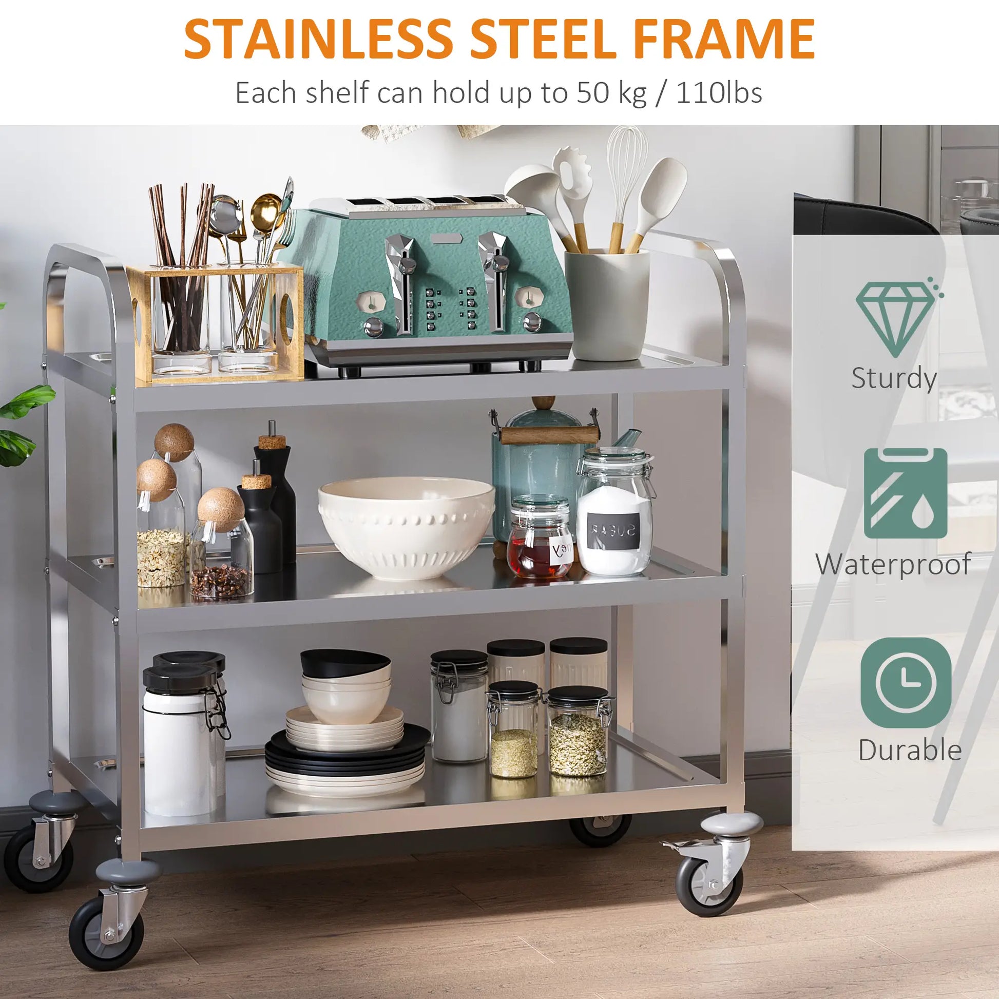 33" 3-Tier Kitchen Trolley, Stainless Steel, Wheeled Storage Cart, 330LBS Kitchen Islands & Kitchen Carts at Gallery Canada
