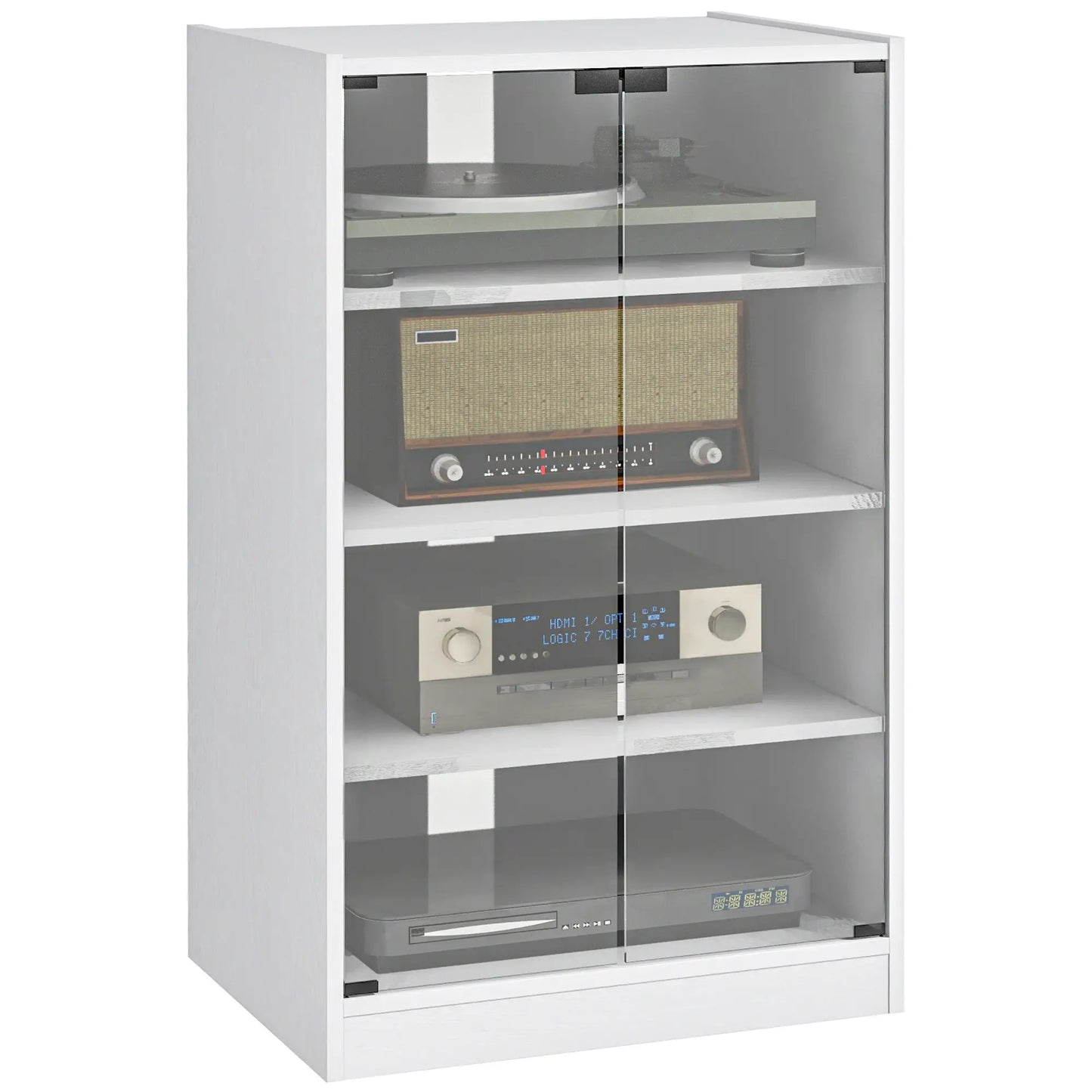 5-Tier Media Cabinet, Adjustable Shelves, Tempered Glass Doors, Distressed, White Storage Cabinets at Gallery Canada