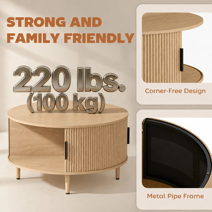 31.5" Round Coffee Table, Storage, Sliding Door, Natural Coffee Tables at Gallery Canada