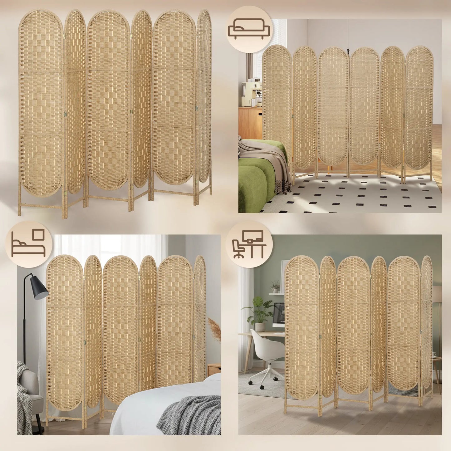 6 Panel Bohemian Privacy Screen, Arched Top Room Divider, Natural Wood