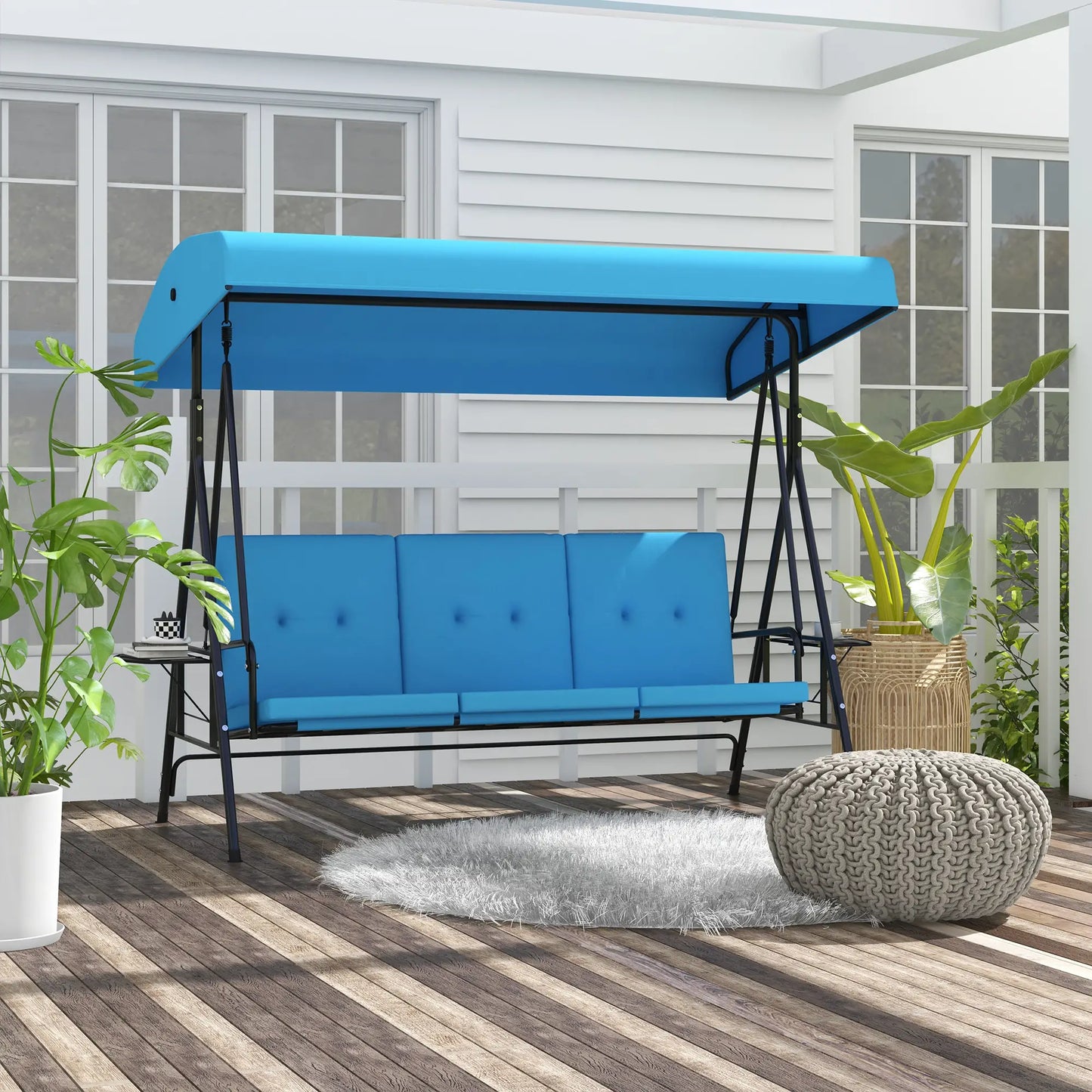 3-Seat Outdoor Porch Swing with Canopy, Side Tray, Cushion, Blue Patio Swings with Stand at Gallery Canada