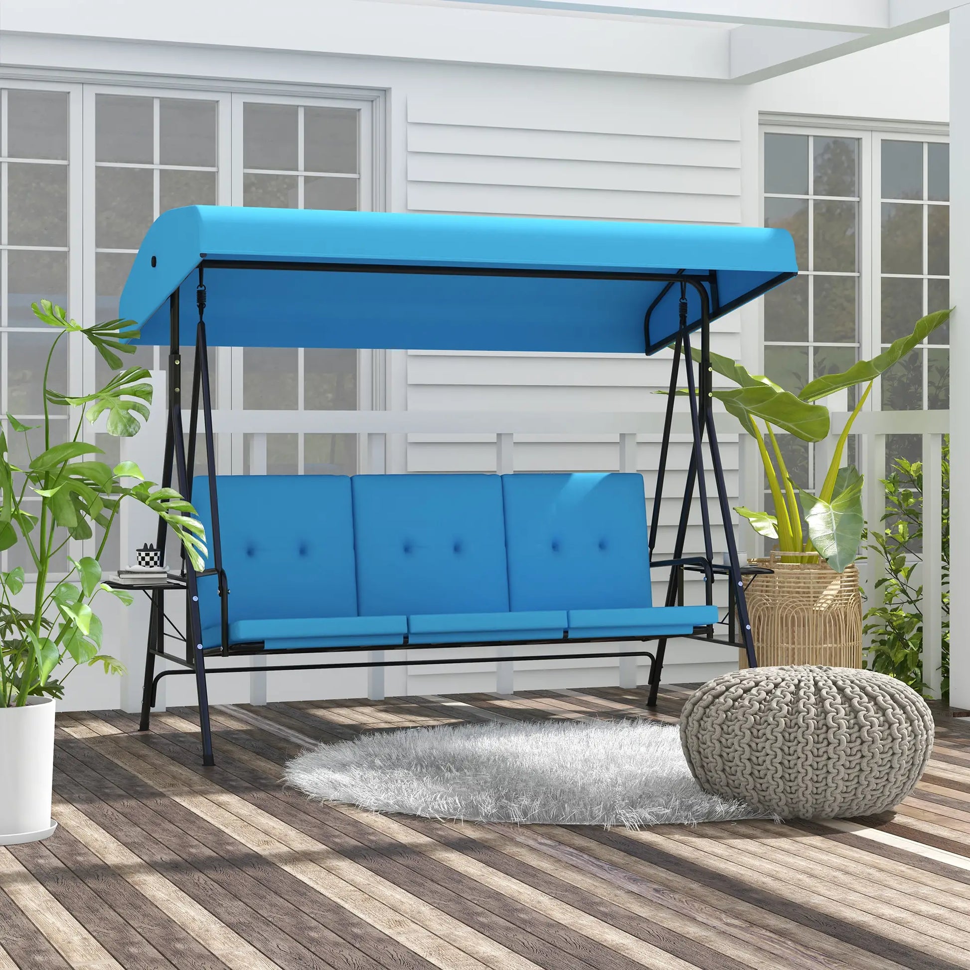 3-Seat Outdoor Porch Swing with Canopy, Side Tray, Cushion, Blue Patio Swings with Stand at Gallery Canada