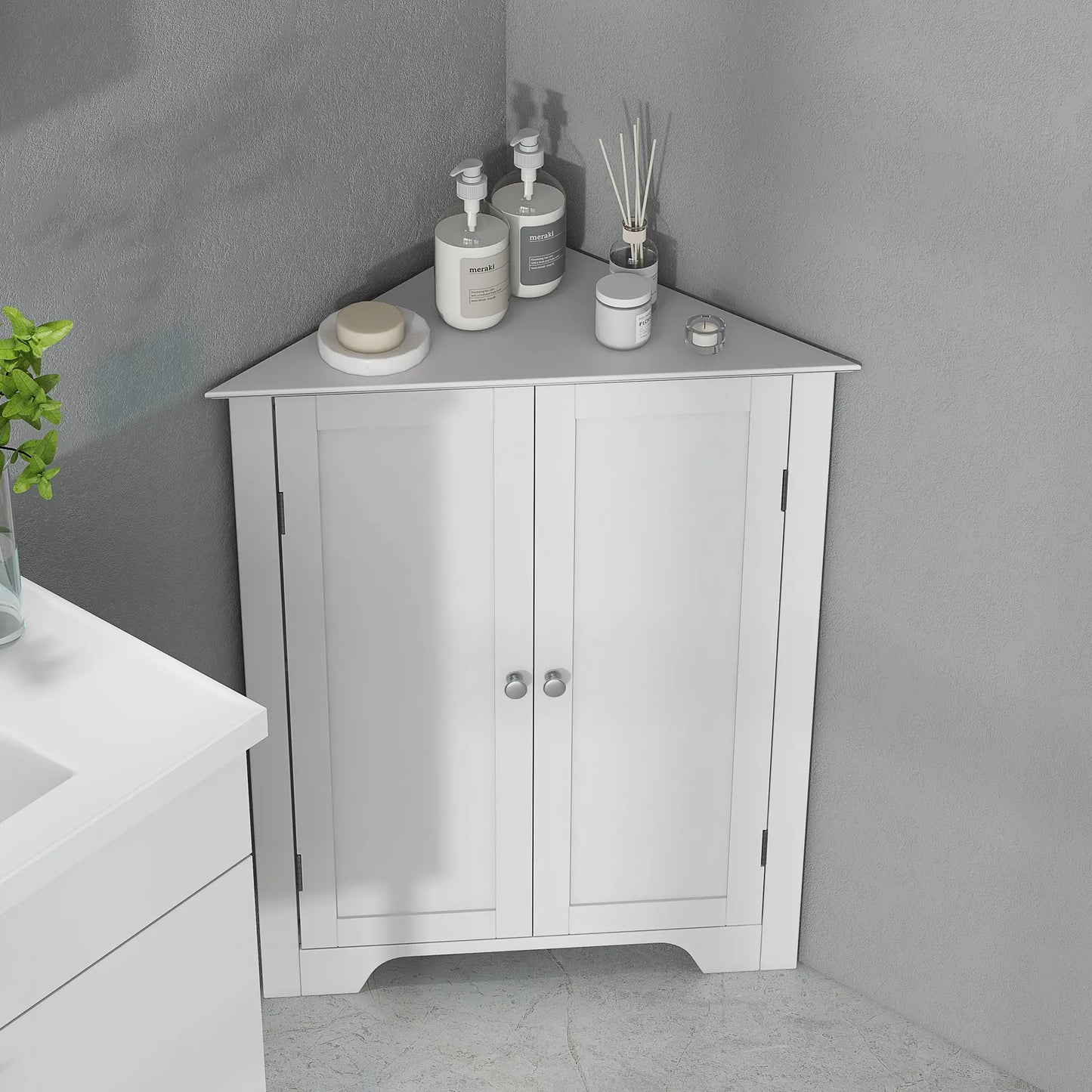 Modern Bathroom Storage Cabinet, Corner with Doors, Adjustable Shelf, White Bathroom Cabinets at Gallery Canada