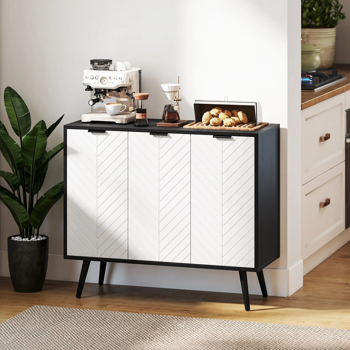 Modern Sideboard Buffet, Dining Room Cabinet, Adjustable Shelves, 3 Doors, Black Storage Cabinets at Gallery Canada
